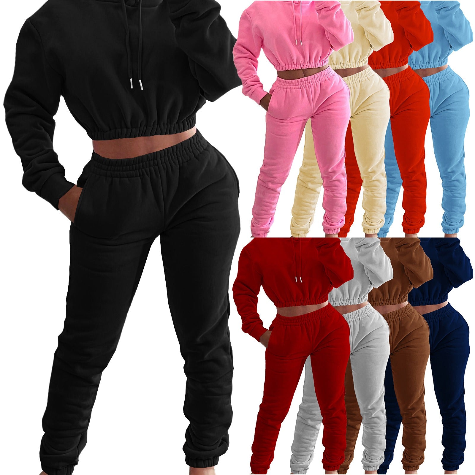 Women's Spring and Winter Plush Sports Casual Suit featuring a cozy hoodie and jogger pants in various colors.