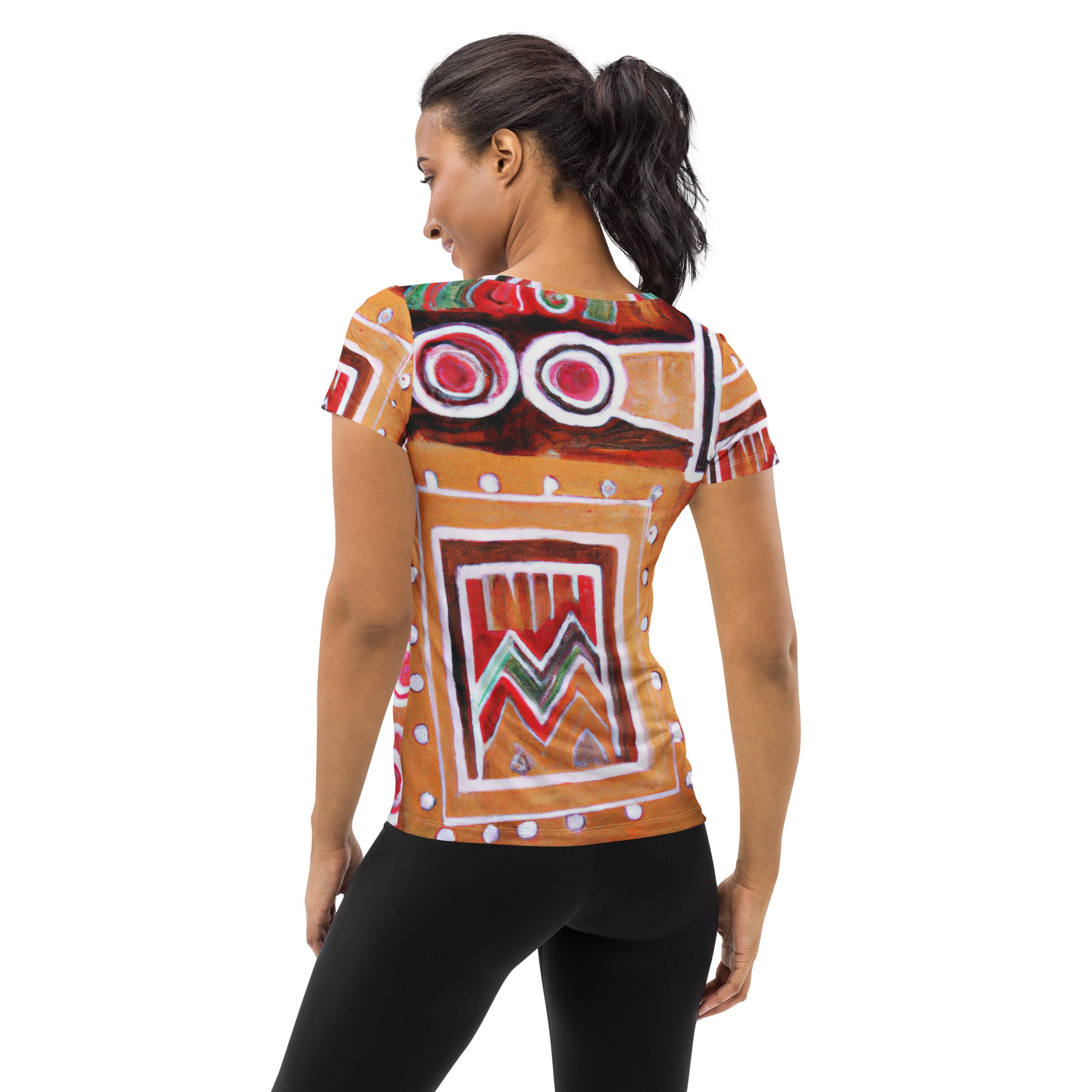 Women's Stretch Fit Athletic Sports T-shirt featuring a vibrant Brown, Orange, and Green Aztec pattern, designed for comfort and performance.