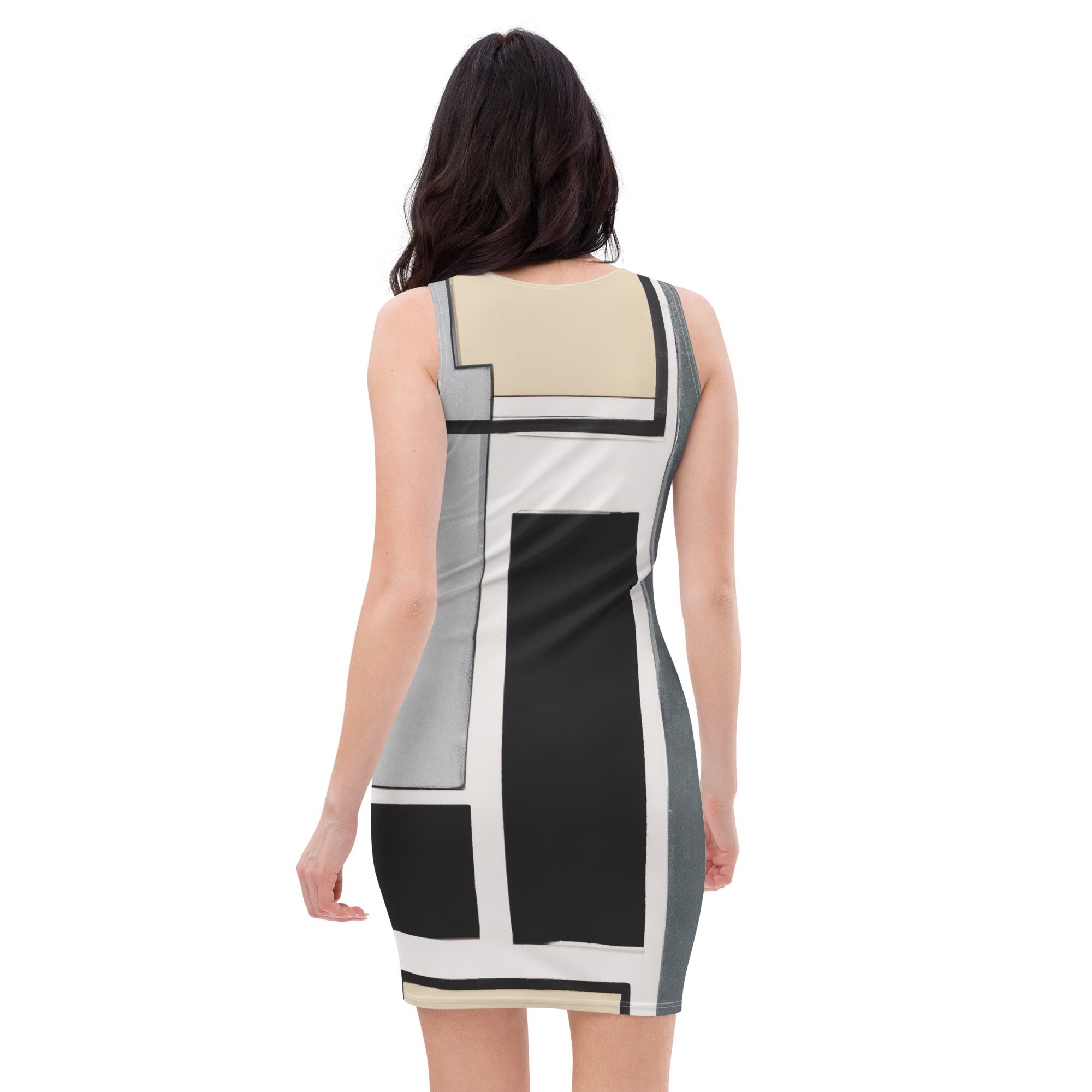A stylish women's stretch fit bodycon dress featuring a black and grey abstract pattern, designed to accentuate curves with a knee-length cut and sleeveless design.