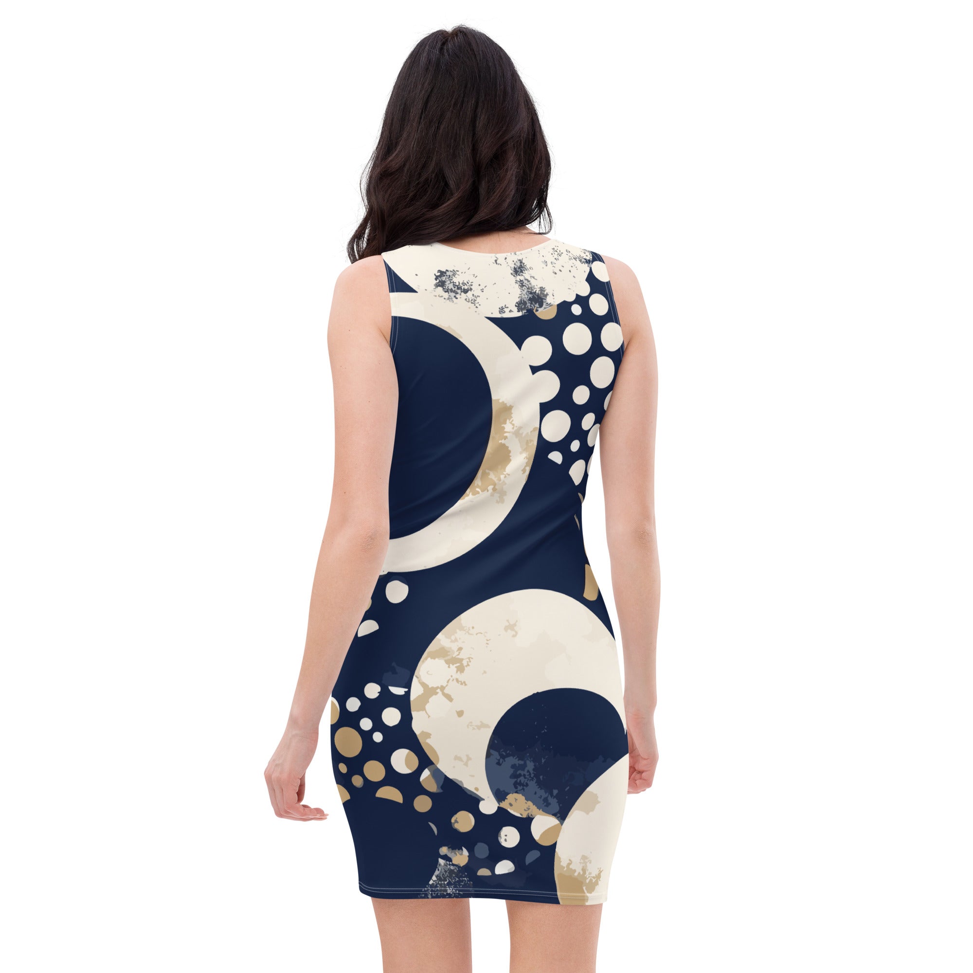 Women's stretch fit bodycon dress in blue beige spotted print, showcasing a figure-hugging silhouette and sleeveless design.