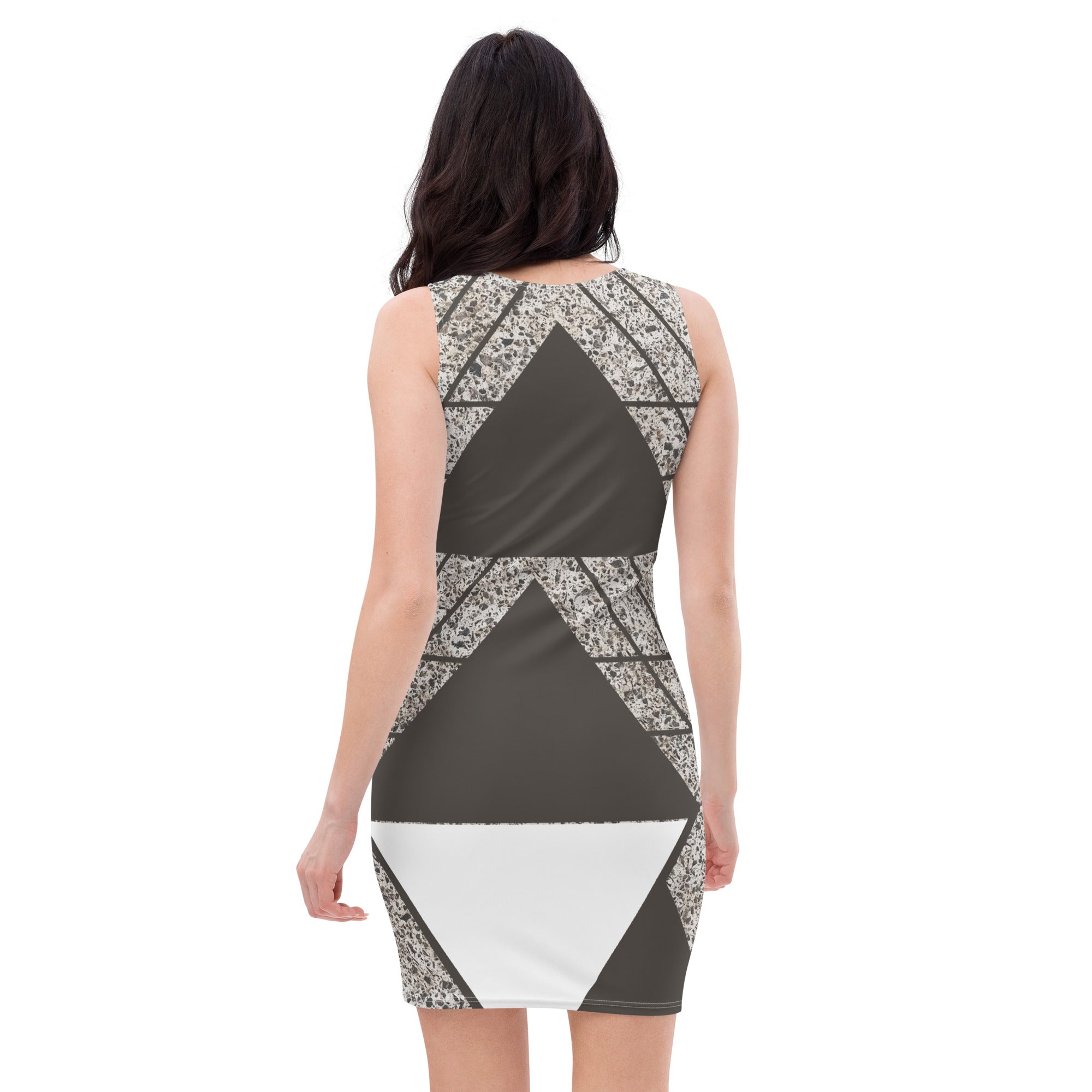Women's Stretch Fit Bodycon Dress in Brown and White Triangular colorblock, showcasing a figure-hugging silhouette and sleeveless design.
