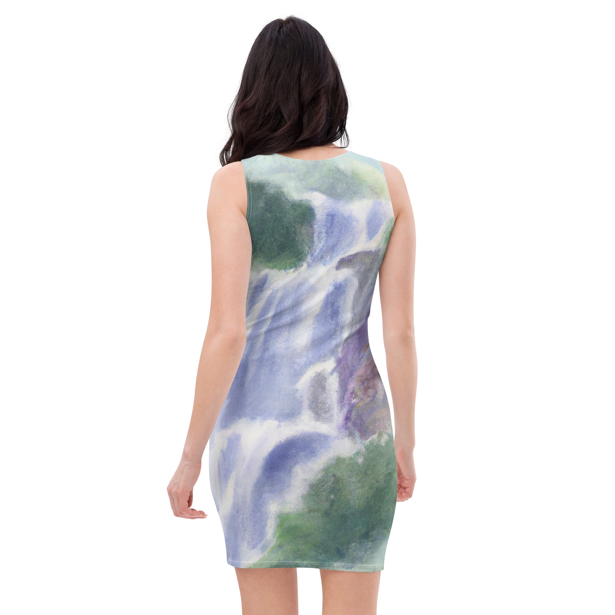 A stylish women's stretch fit bodycon dress featuring a purple watercolor waterfall green landscape print, showcasing a figure-hugging silhouette and sleeveless design.