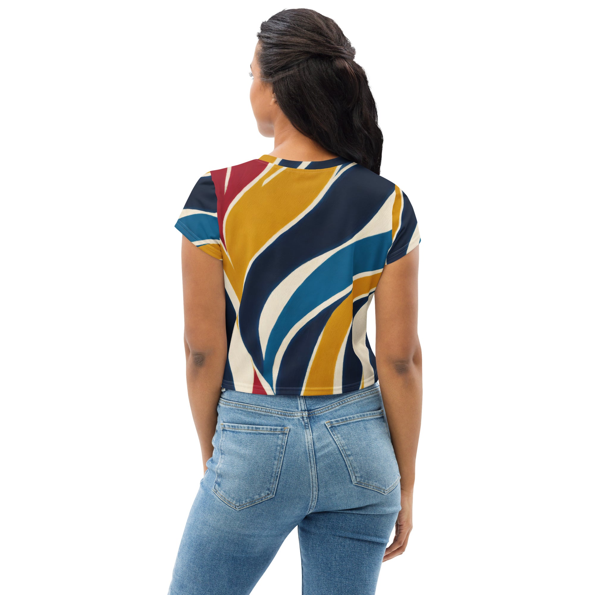 Womens Stretch Fit Crop Tee featuring an Abstract Multicolor Swirl Line pattern, showcasing vibrant colors and a stylish cropped design.