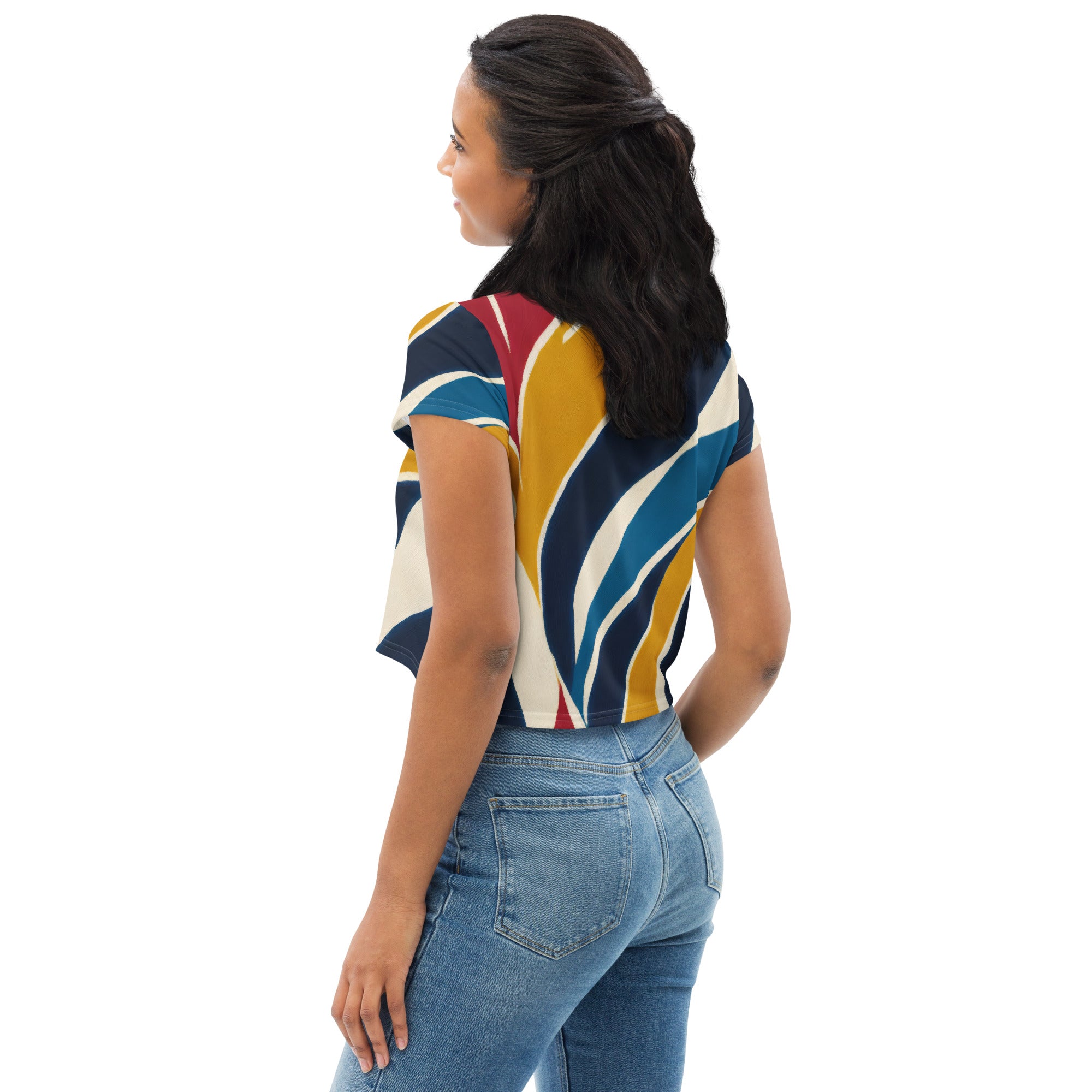 Womens Stretch Fit Crop Tee featuring an Abstract Multicolor Swirl Line pattern, showcasing vibrant colors and a stylish cropped design.