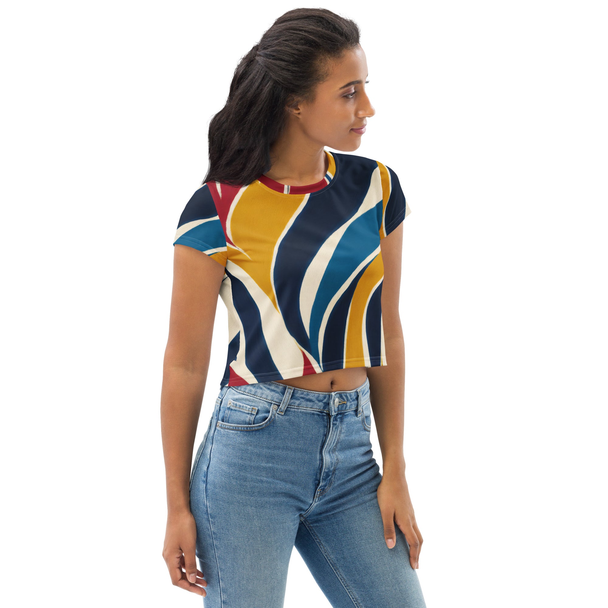 Womens Stretch Fit Crop Tee featuring an Abstract Multicolor Swirl Line pattern, showcasing vibrant colors and a stylish cropped design.