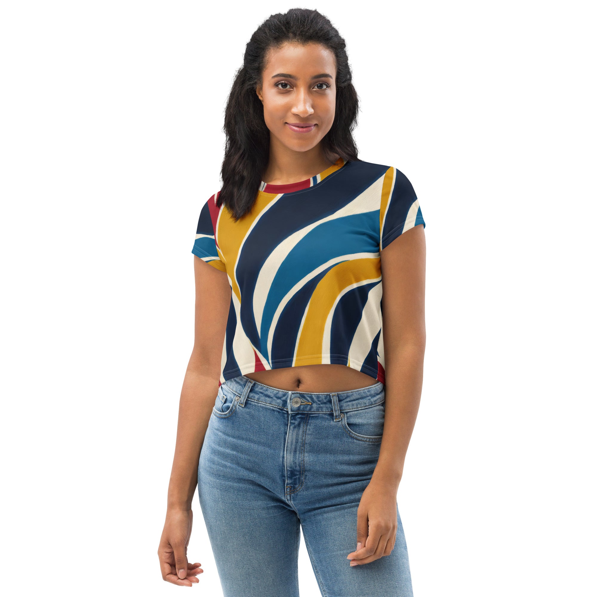 Womens Stretch Fit Crop Tee featuring an Abstract Multicolor Swirl Line pattern, showcasing vibrant colors and a stylish cropped design.
