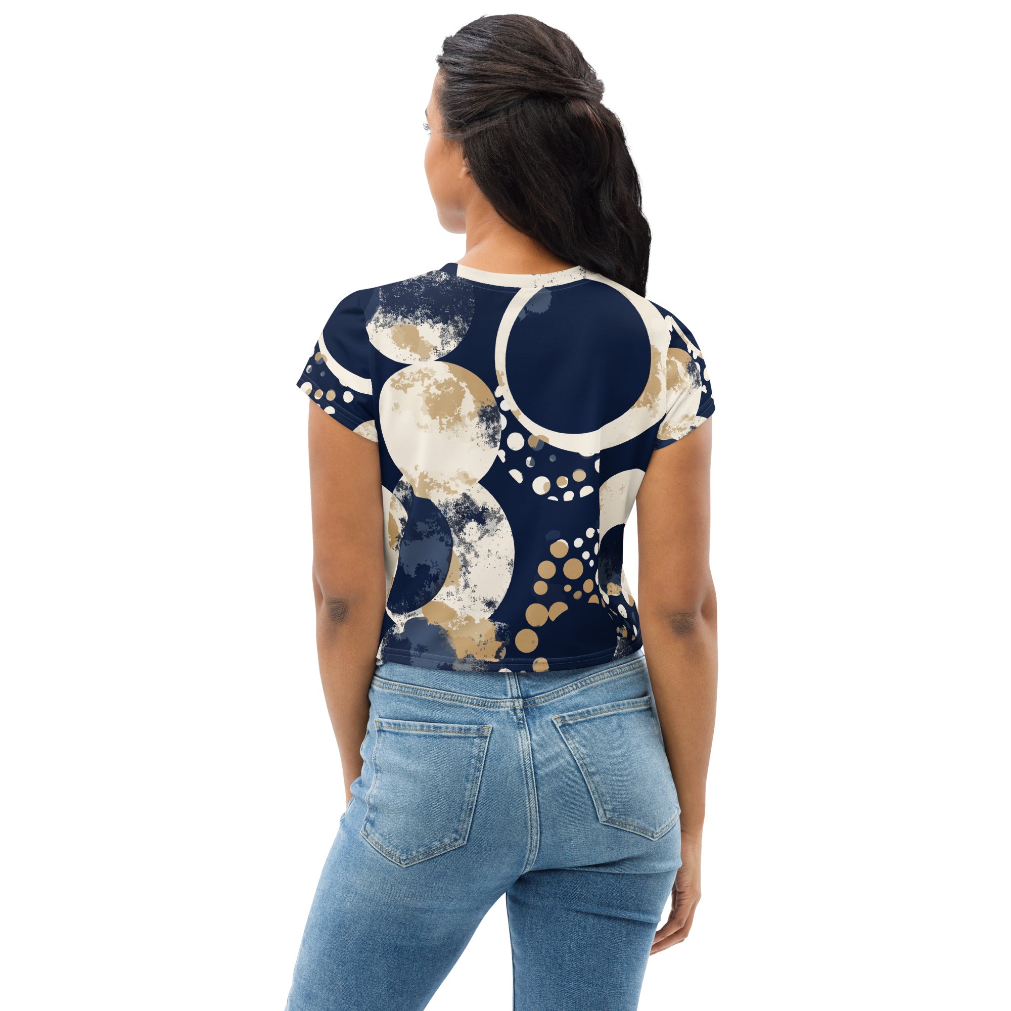 Women's Stretch Fit Crop Tee in Blue Beige Spotted Print, featuring a cropped silhouette and short sleeves, perfect for casual wear.