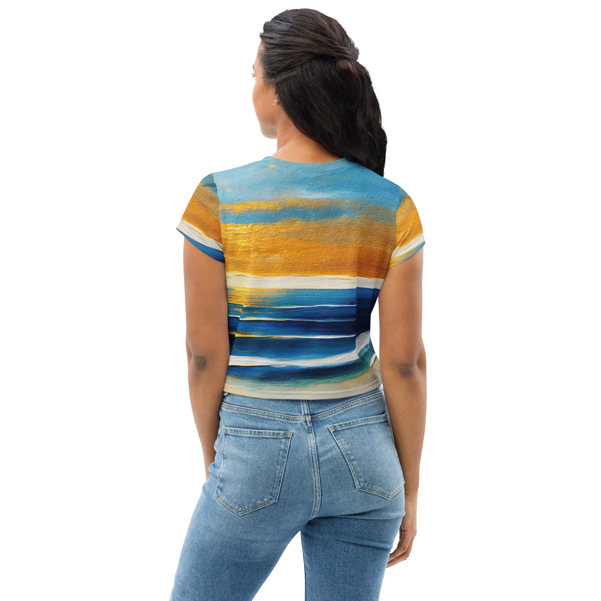 Women's Stretch Fit Crop Tee in Blue Ocean Golden Sunset Print, showcasing a stylish cropped design with a vibrant sunset pattern.