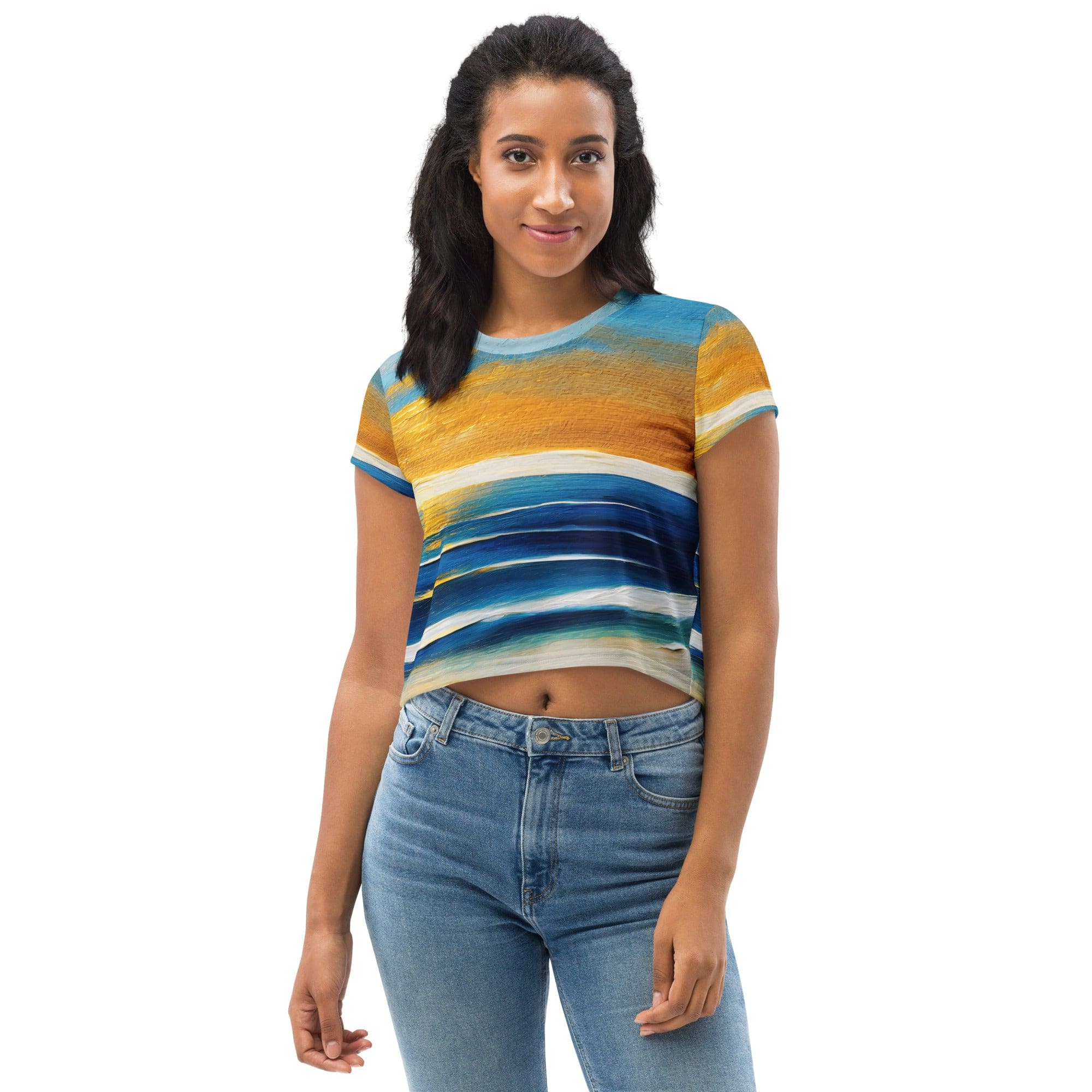 Women's Stretch Fit Crop Tee in Blue Ocean Golden Sunset Print, showcasing a stylish cropped design with a vibrant sunset pattern.