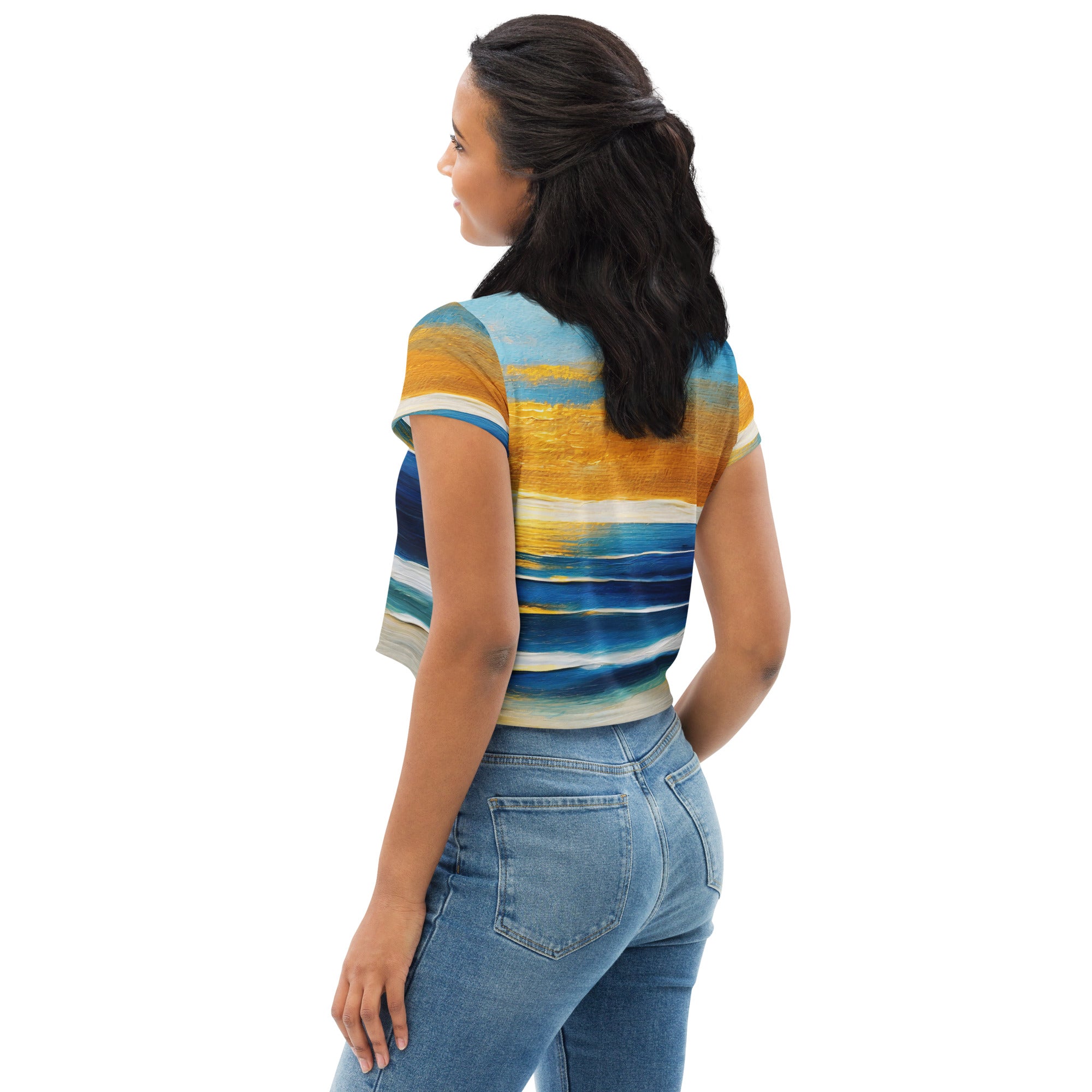 Women's Stretch Fit Crop Tee in Blue Ocean Golden Sunset Print, showcasing a stylish cropped design with a vibrant sunset pattern.