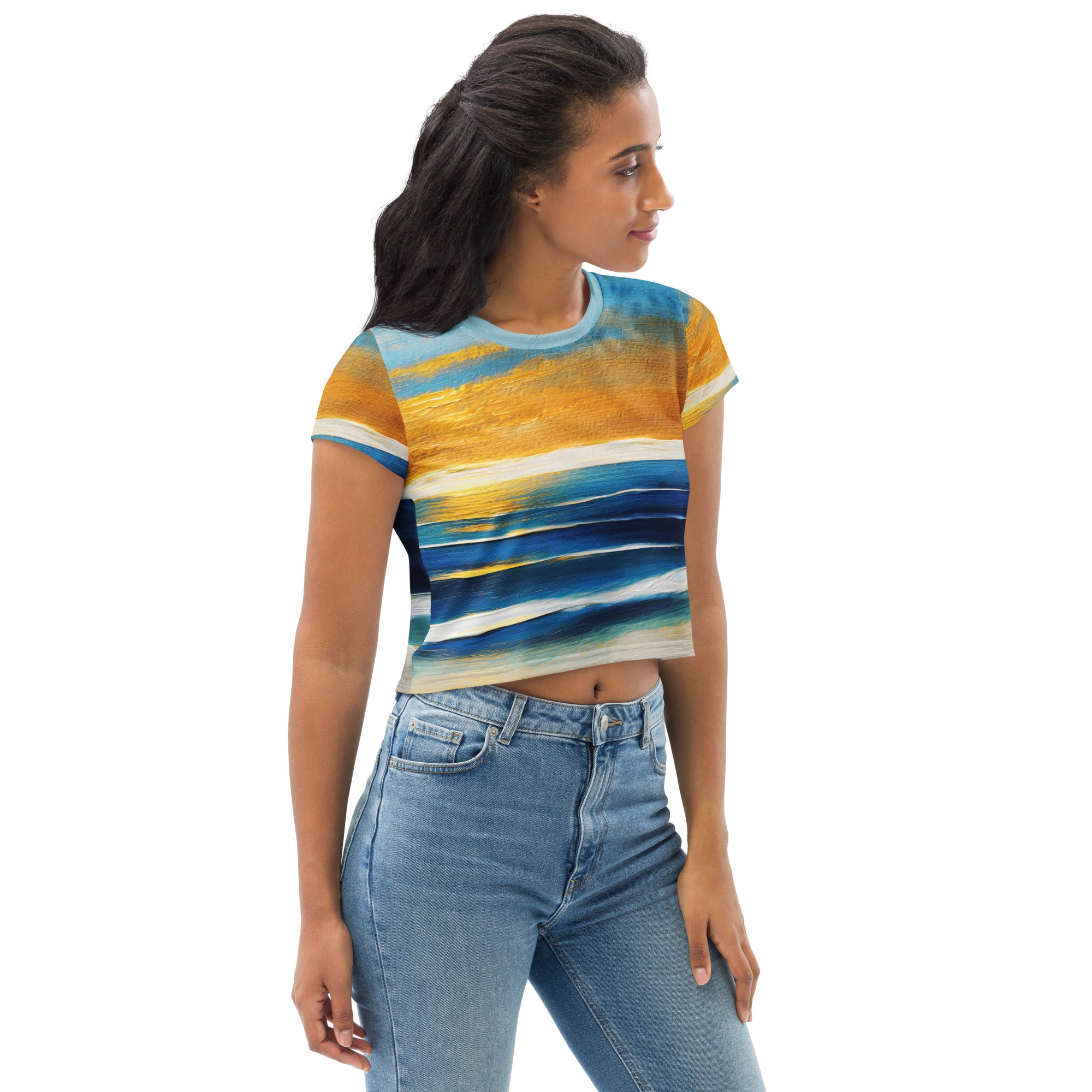 Women's Stretch Fit Crop Tee in Blue Ocean Golden Sunset Print, showcasing a stylish cropped design with a vibrant sunset pattern.