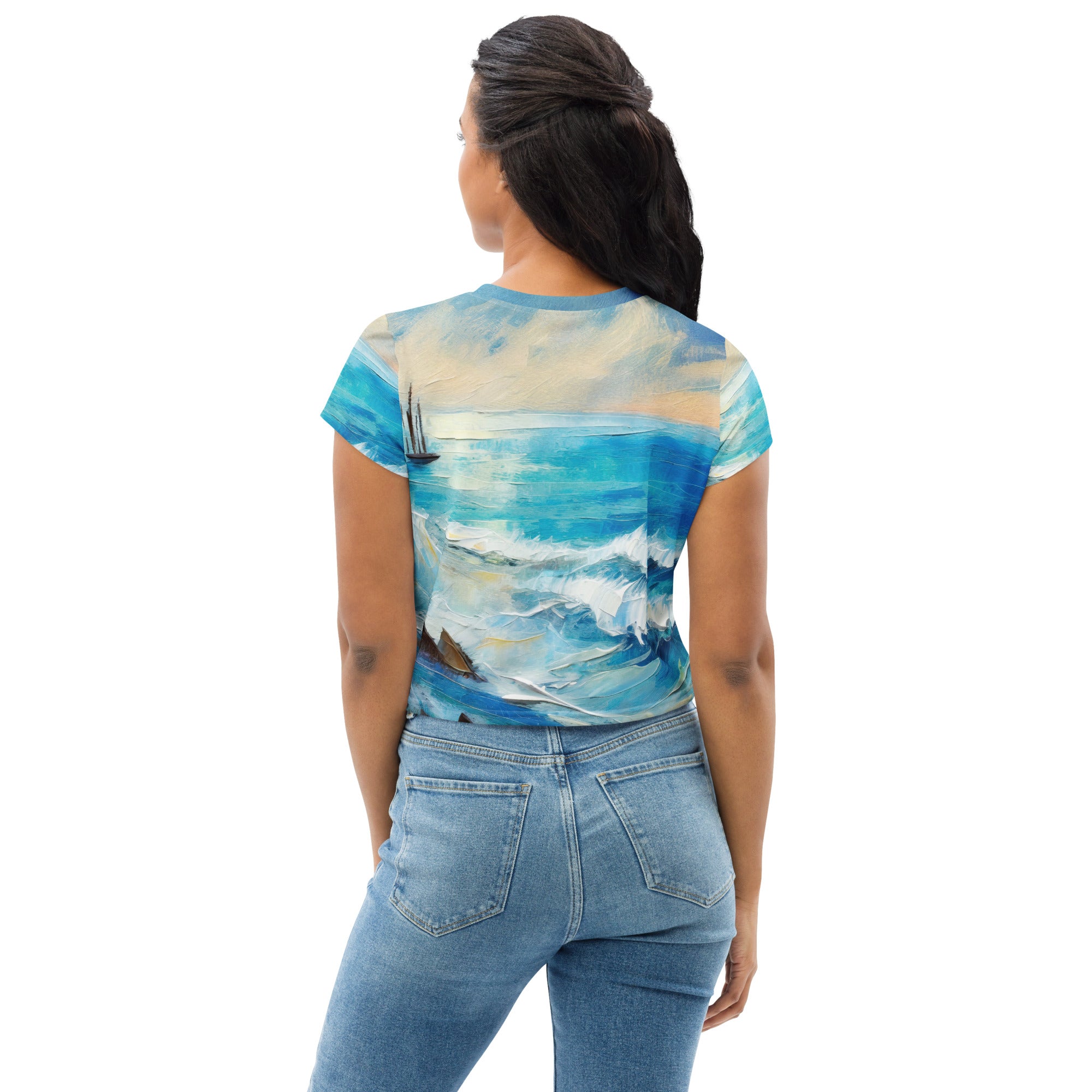 Women's Stretch Fit Crop Tee in Blue Ocean Print, featuring a cropped silhouette and short sleeves, perfect for casual wear.