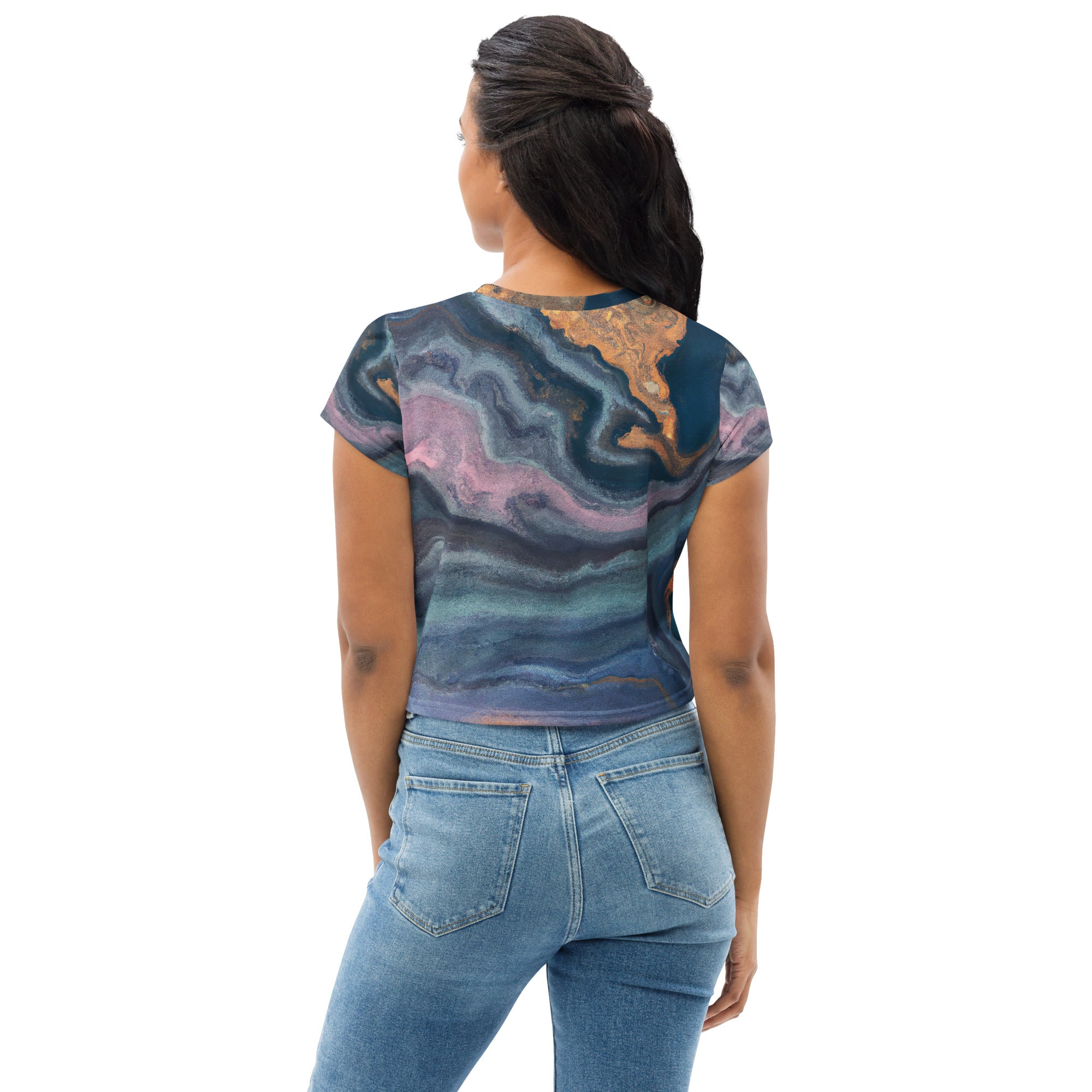 Women's Stretch Fit Crop Tee in Blue Pink Marble Swirl Print, showcasing a stylish and comfortable design with short sleeves and a crew neckline.