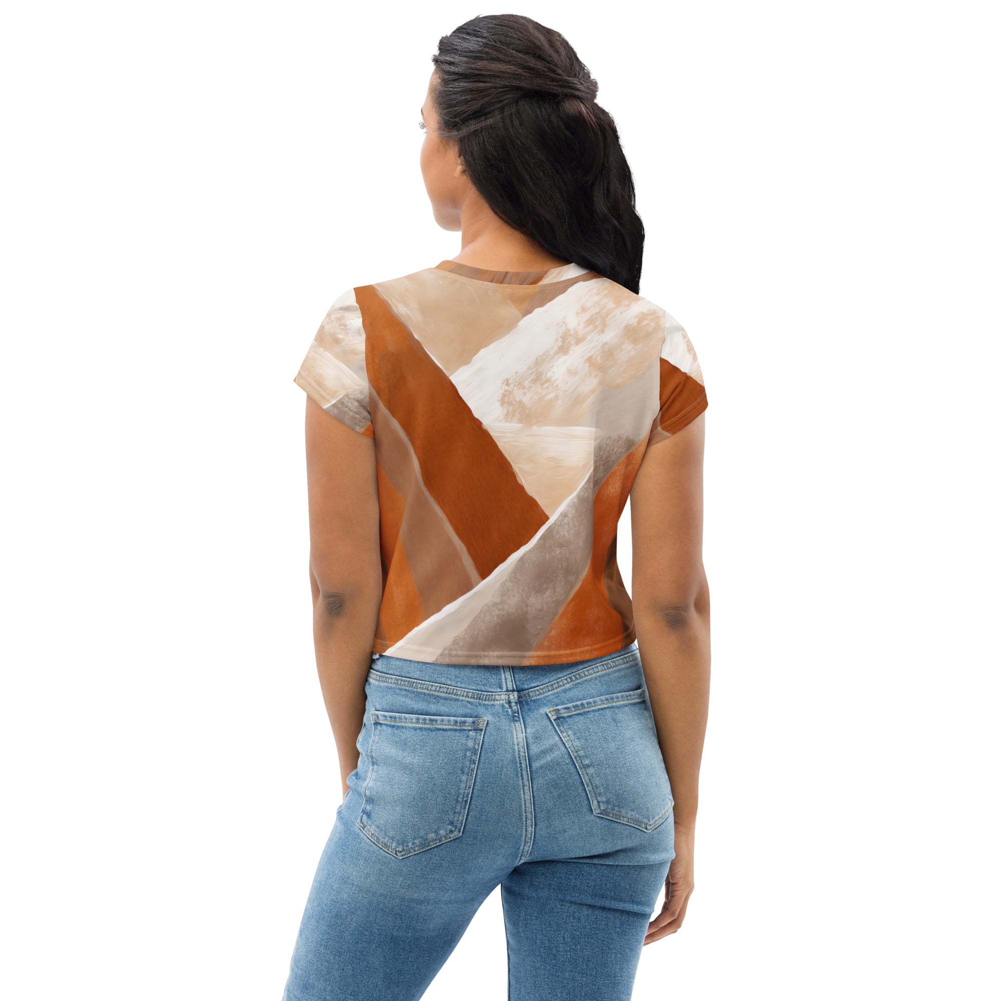 Womens Stretch Fit Crop Tee featuring a vibrant Boho Watercolor Print, showcasing a cropped silhouette and short sleeves.