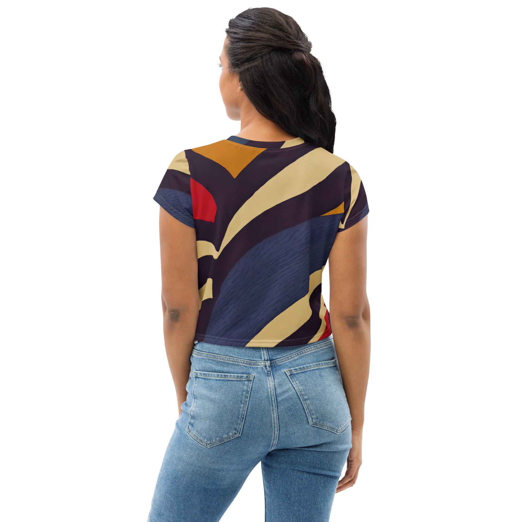 Women's Stretch Fit Crop Tee in brown, red, and blue colorblock design, showcasing a stylish cropped silhouette and short sleeves.