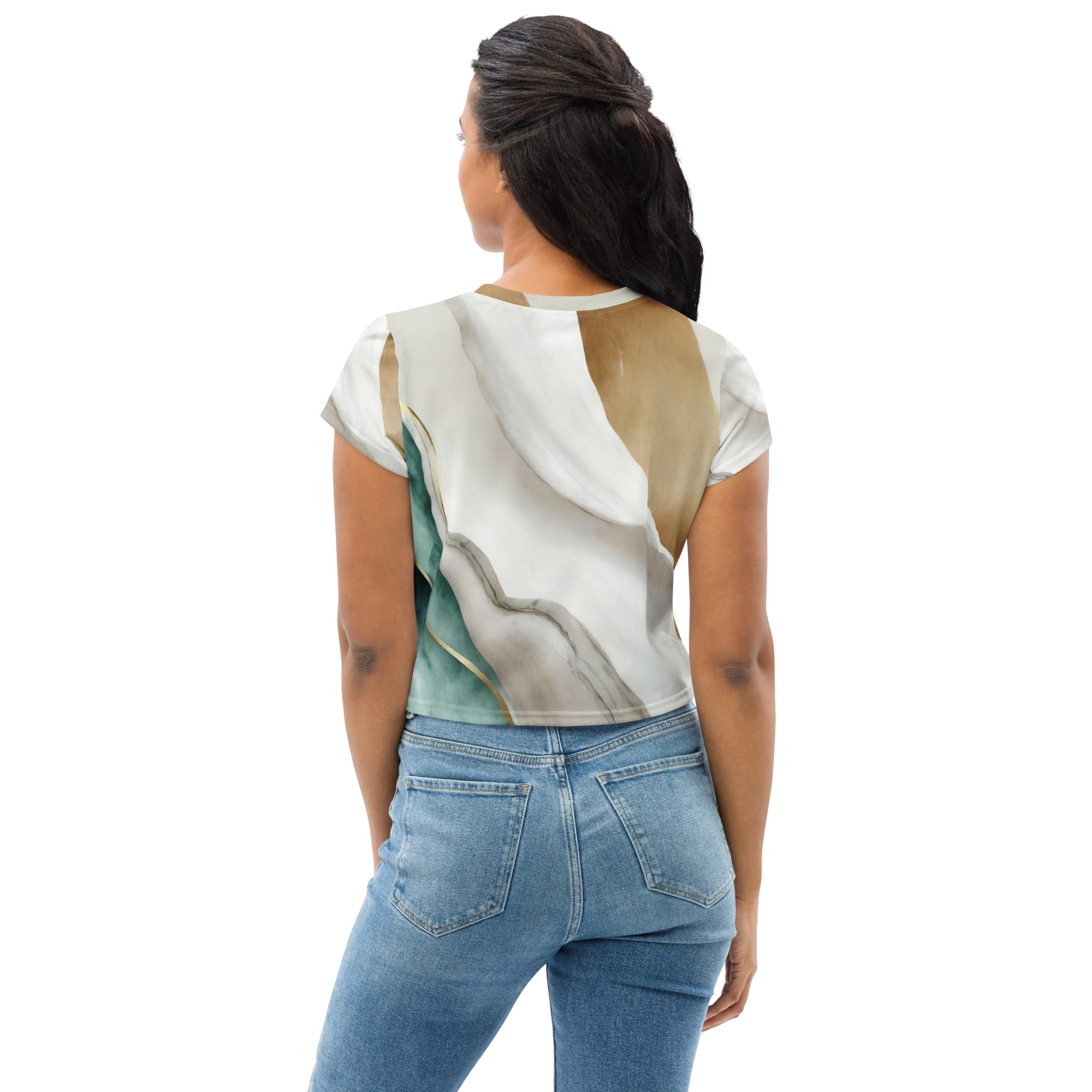 Women's Stretch Fit Crop Tee in Cream White Green Marbled Print, showcasing a stylish cropped design with short sleeves.