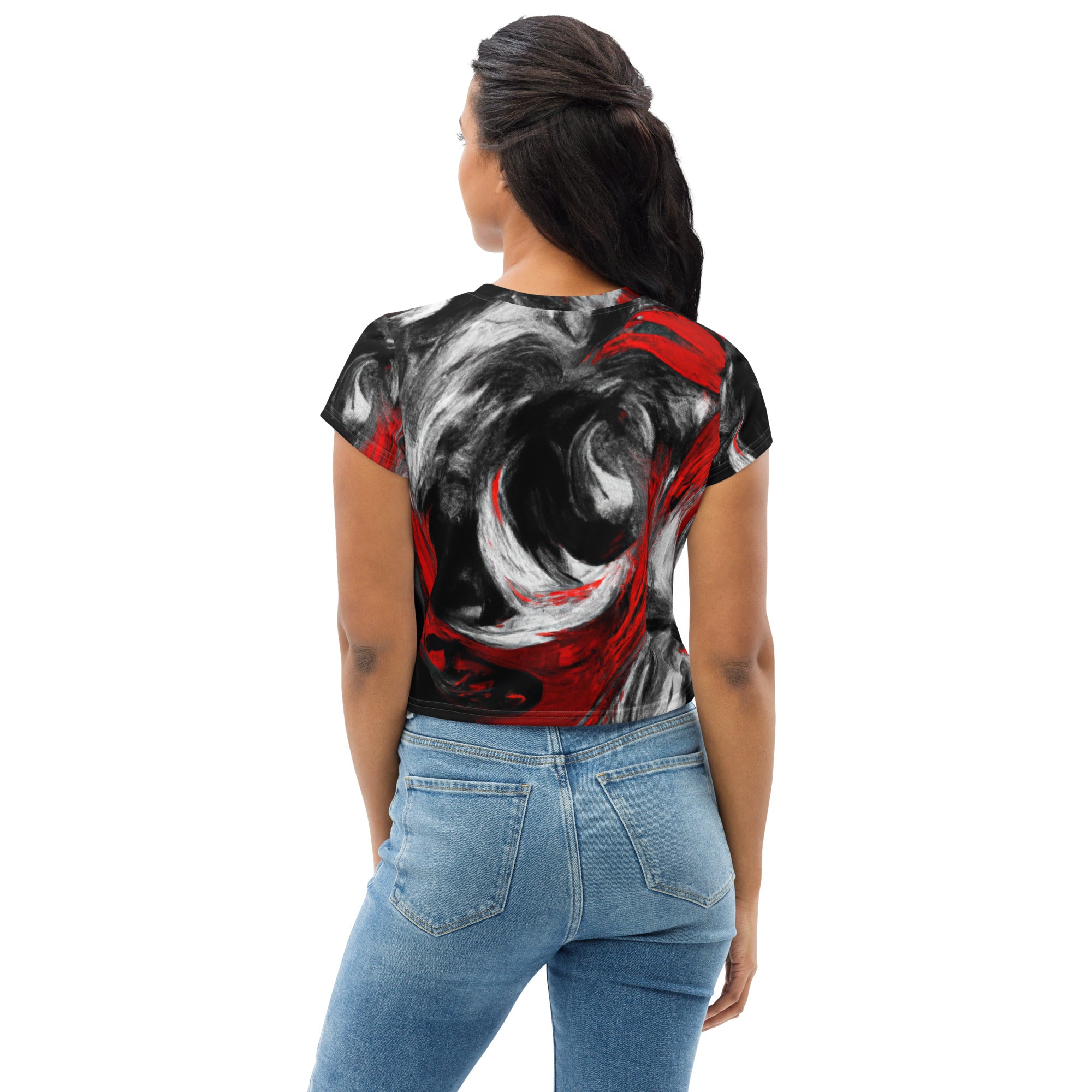 Women's Stretch Fit Crop Tee featuring a decorative black, red, and white abstract seamless pattern, showcasing a trendy cropped silhouette.
