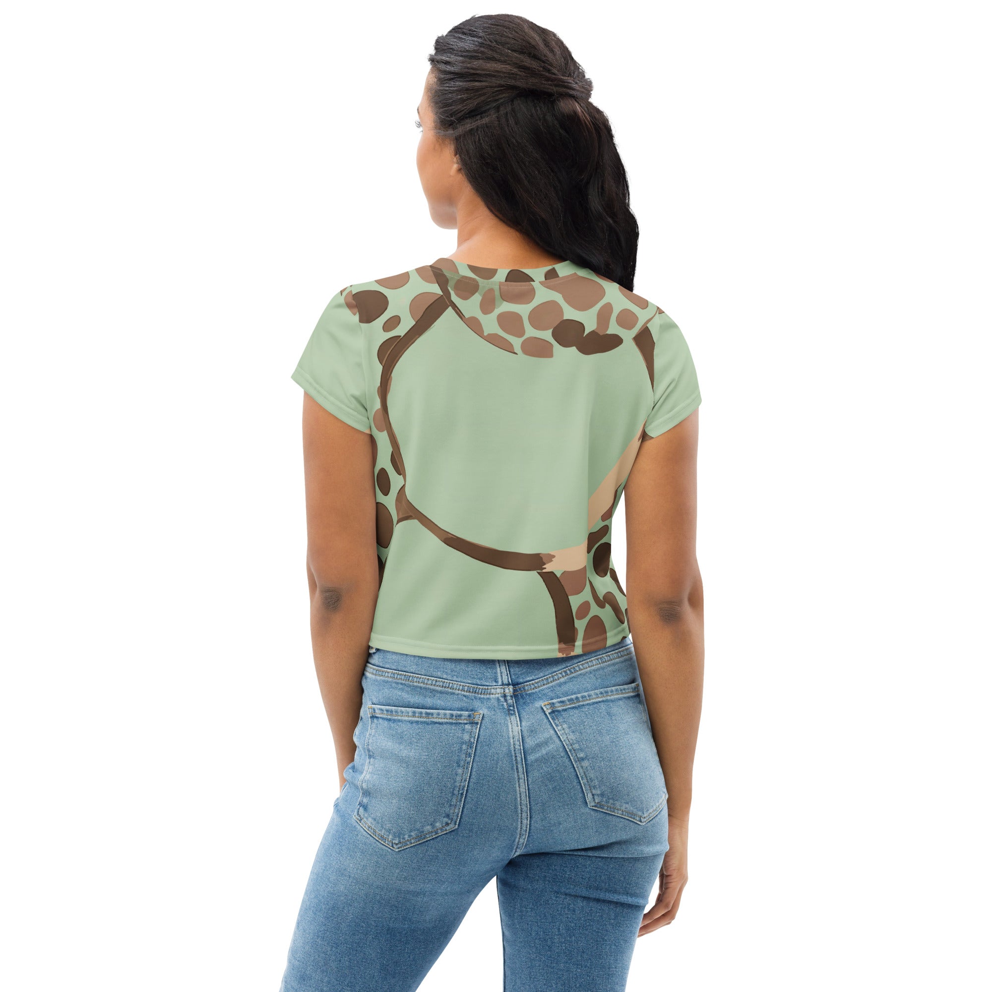 Women's Stretch Fit Crop Tee in green beige spotted print, featuring a cropped silhouette and short sleeves, perfect for casual wear.