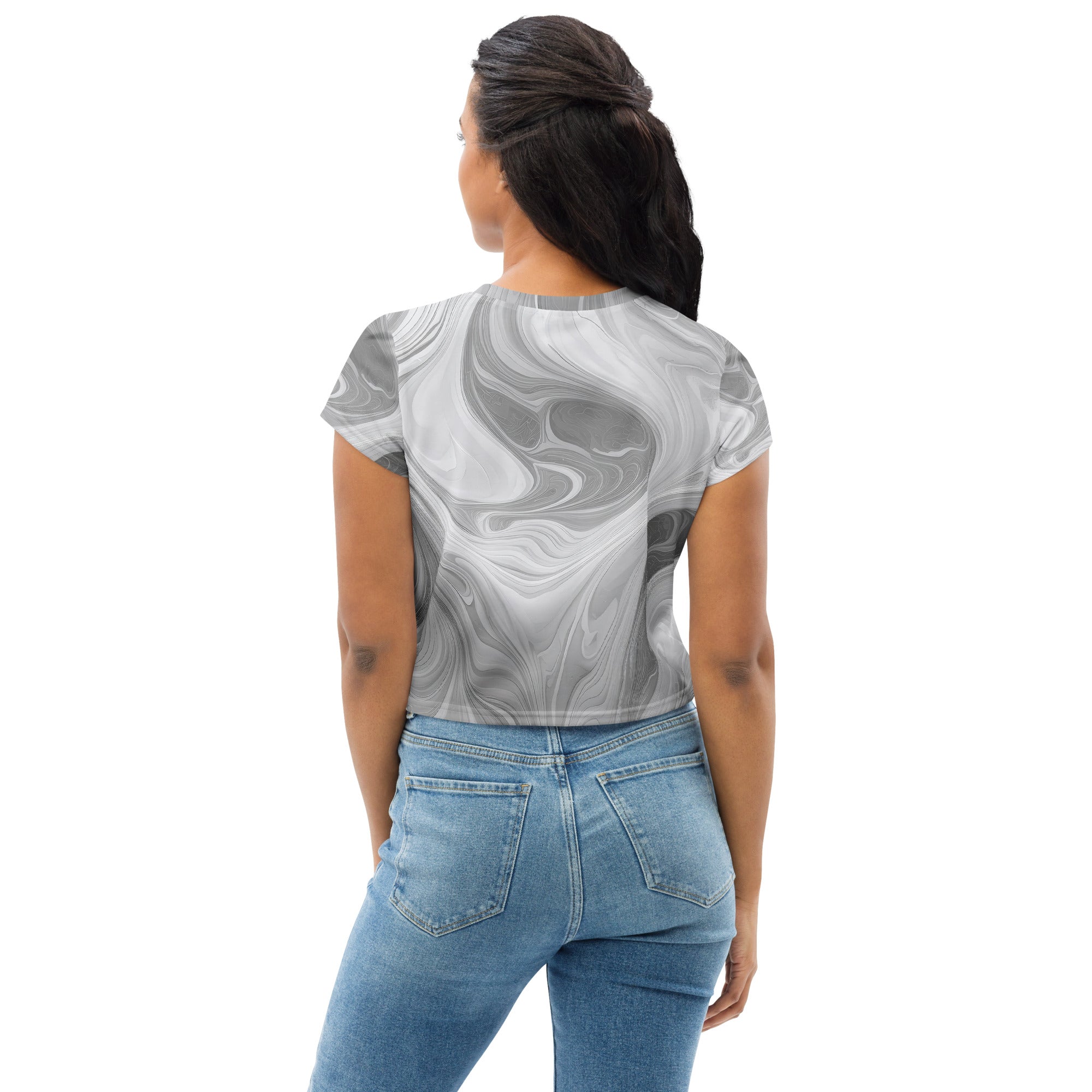 Womens Stretch Fit Crop Tee in Grey White Boho Marble Print, showcasing its stylish design and comfortable fit.