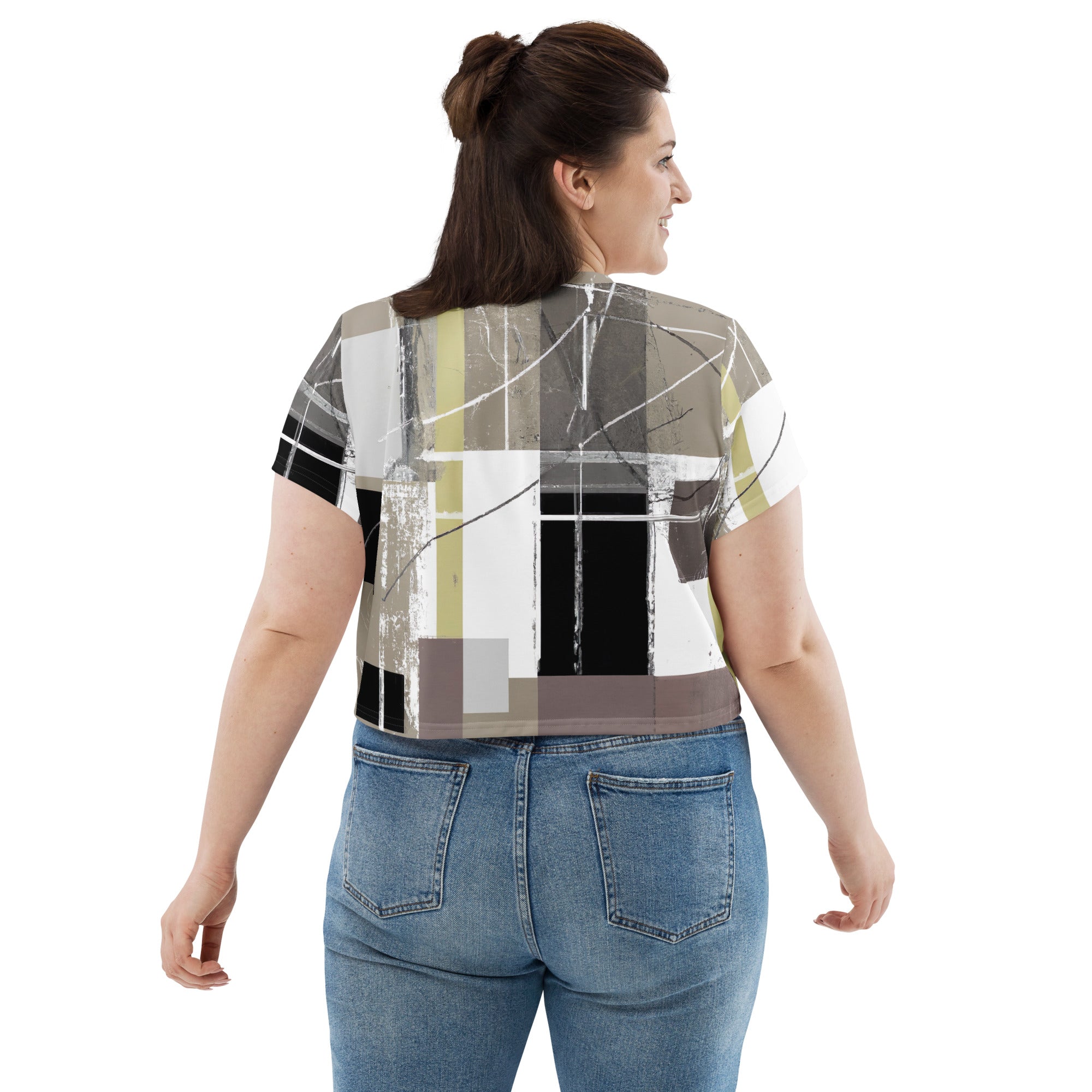 Women's Stretch Fit Crop Tee in Abstract Brown Geometric design, showcasing a stylish cropped silhouette and soft fabric.