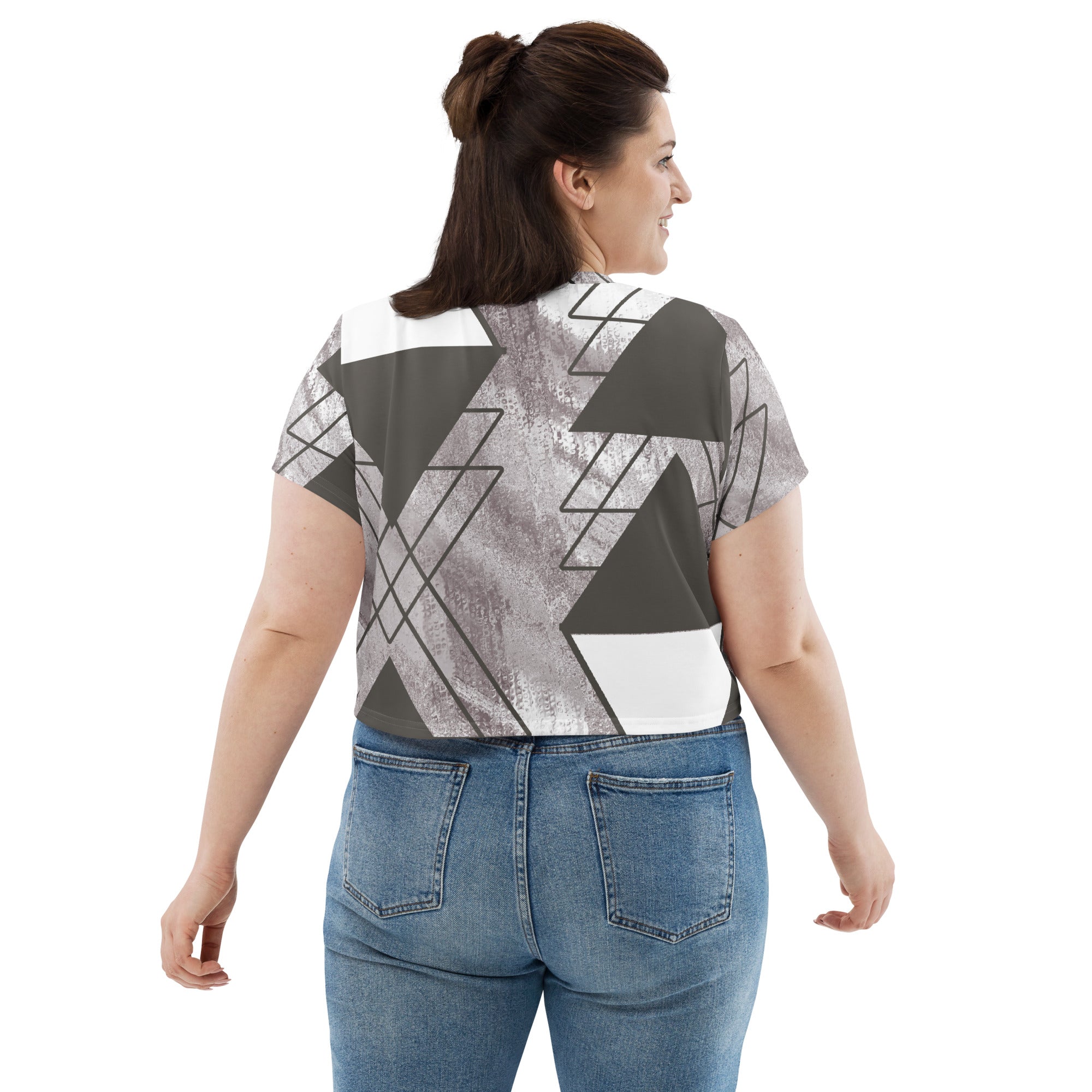 Women's Stretch Fit Crop Tee in Ash Grey and White featuring a triangular colorblock design, perfect for casual wear.