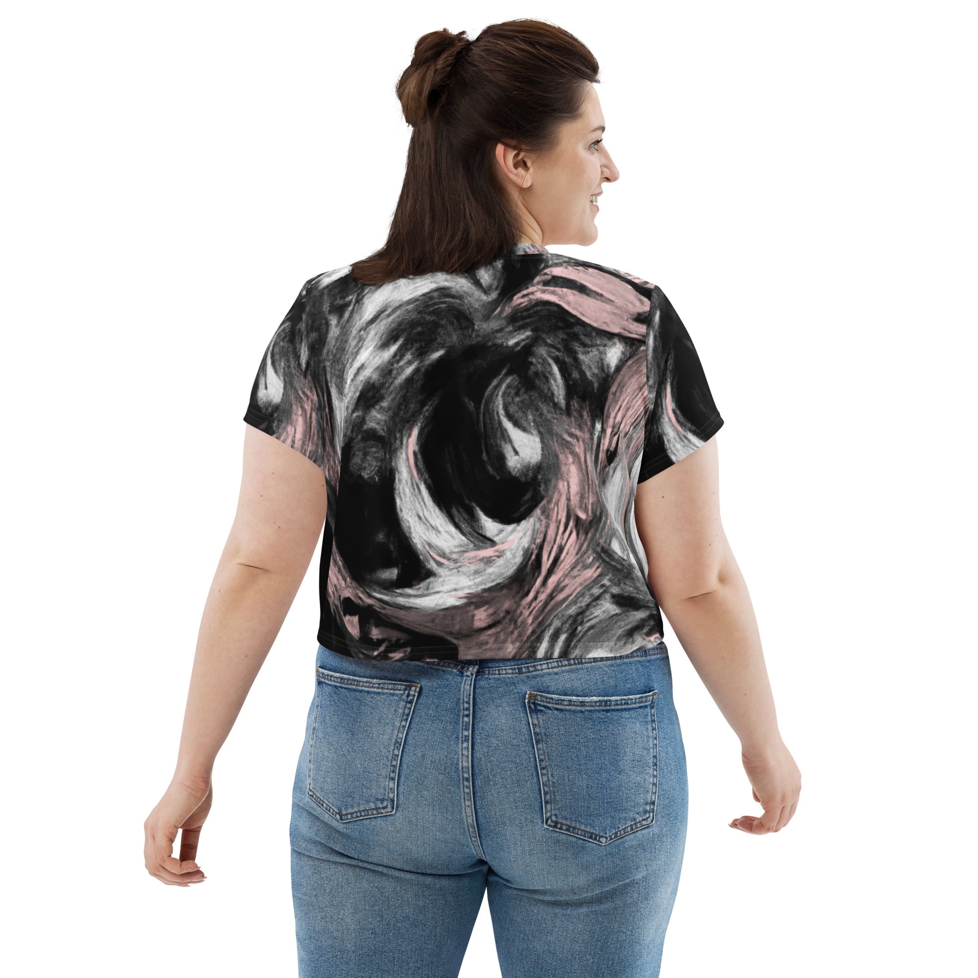 Women's Stretch Fit Crop Tee in Black, Pink, and White Abstract pattern, showcasing its stylish design and comfortable fit.