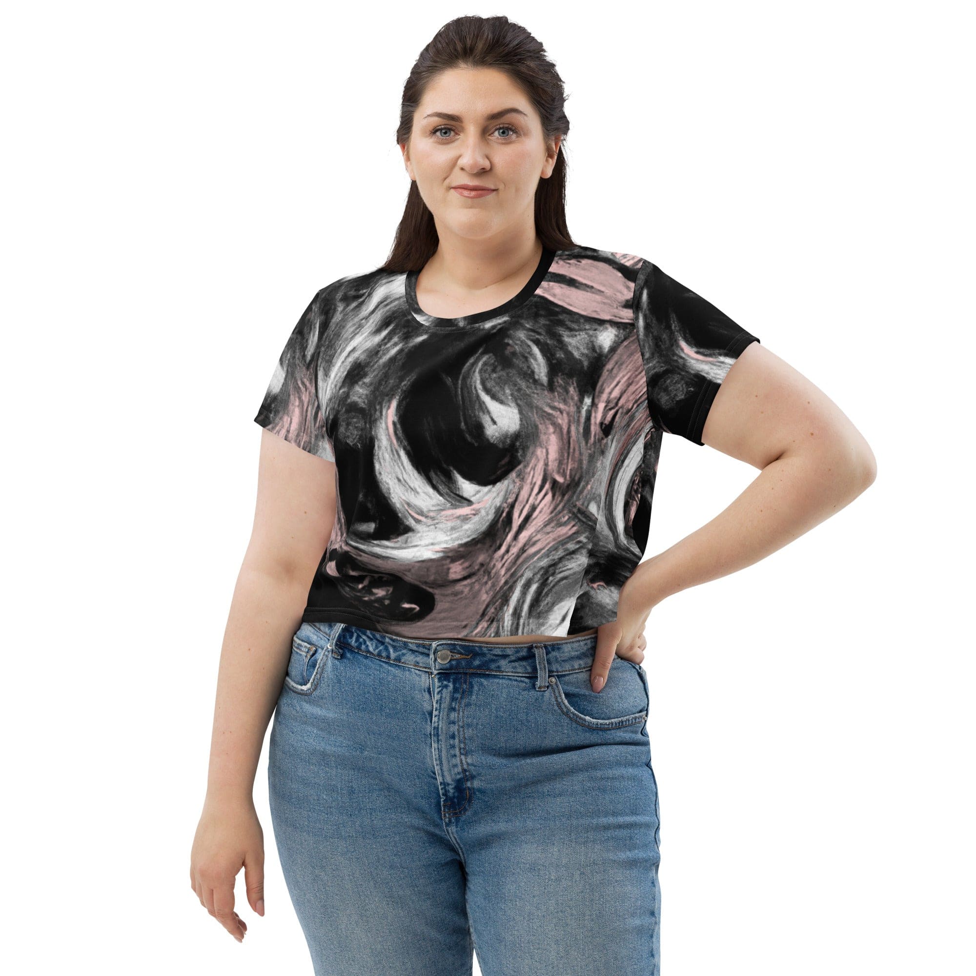 Women's Stretch Fit Crop Tee in Black, Pink, and White Abstract pattern, showcasing its stylish design and comfortable fit.