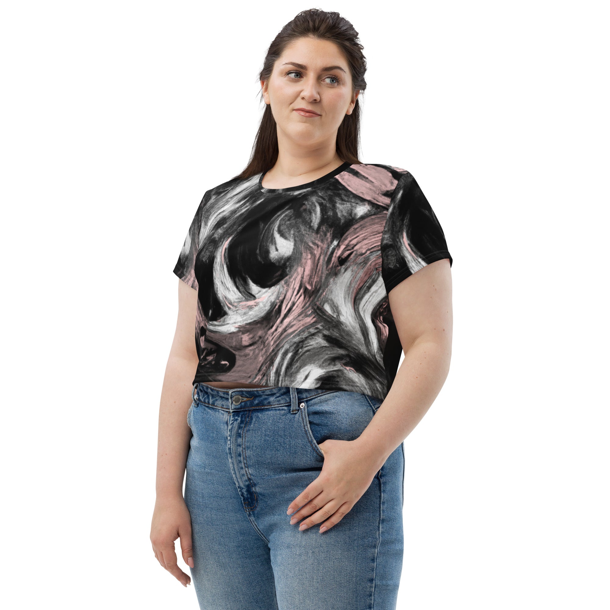 Women's Stretch Fit Crop Tee in Black, Pink, and White Abstract pattern, showcasing its stylish design and comfortable fit.