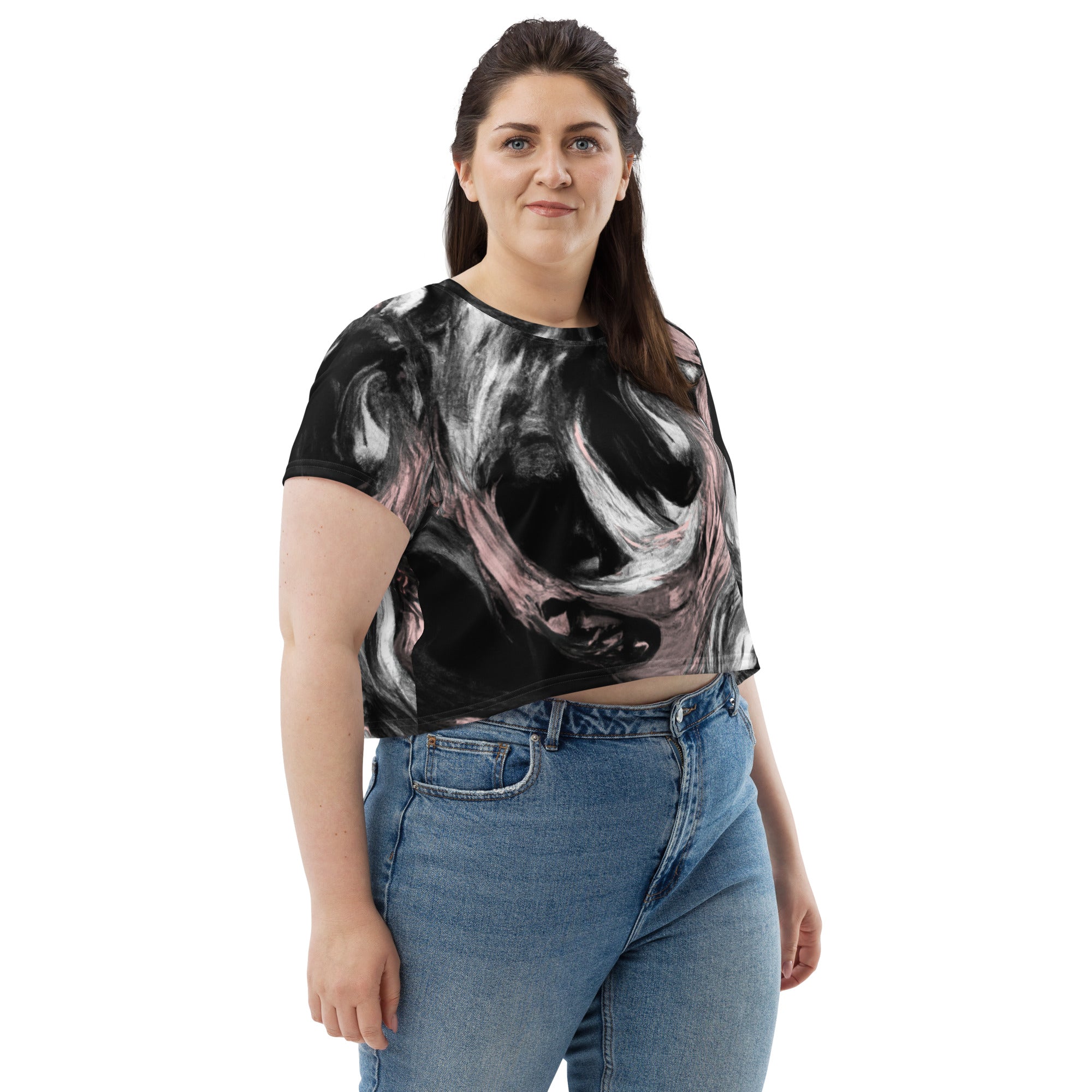 Women's Stretch Fit Crop Tee in Black, Pink, and White Abstract pattern, showcasing its stylish design and comfortable fit.