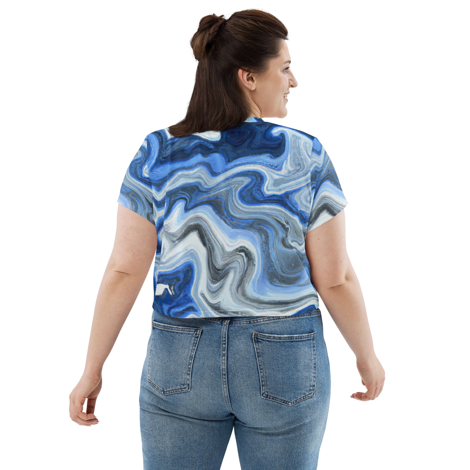Women's Stretch Fit Crop Tee in Blue Grey Marble Print, showcasing a stylish cropped design with short sleeves and a crew neckline.