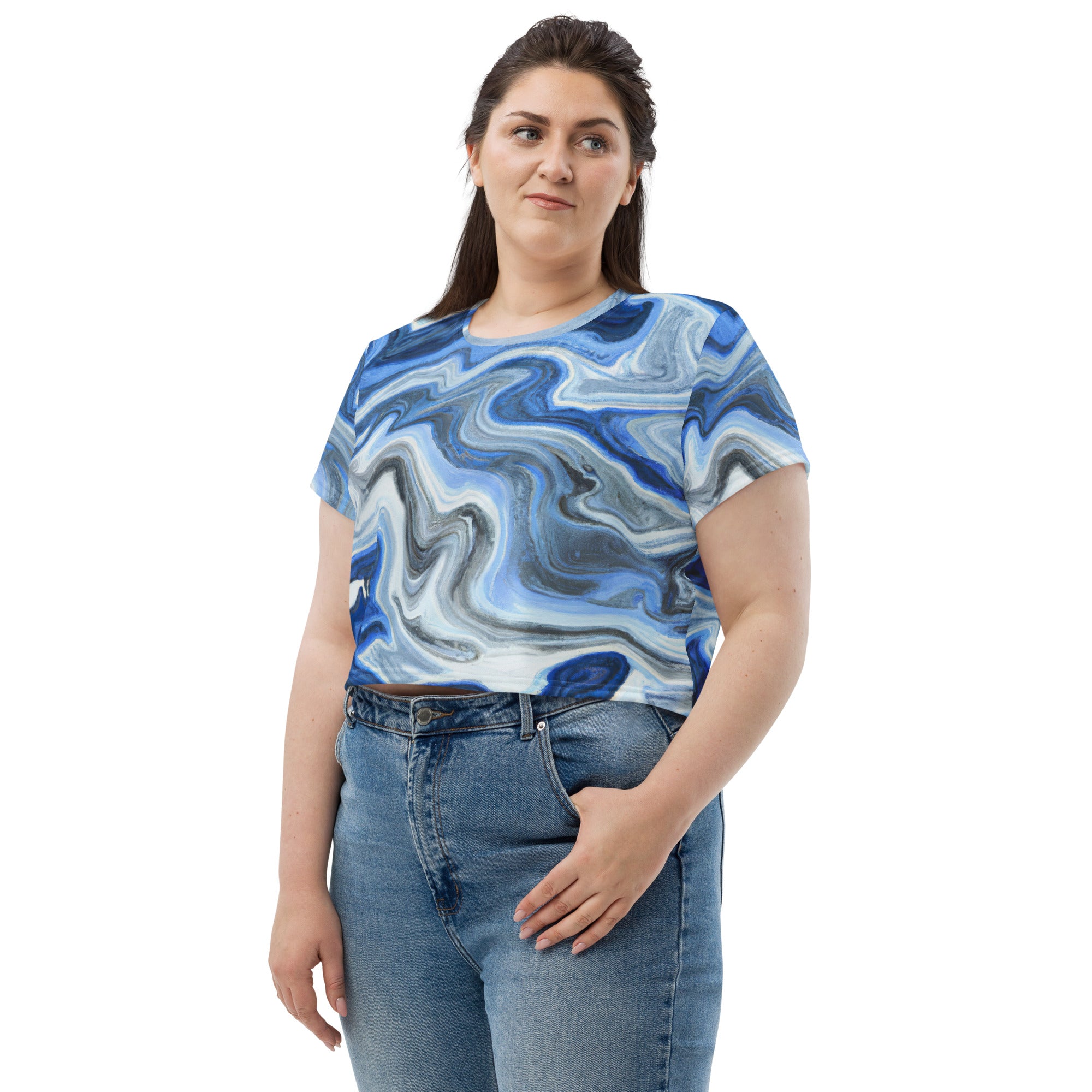 Women's Stretch Fit Crop Tee in Blue Grey Marble Print, showcasing a stylish cropped design with short sleeves and a crew neckline.