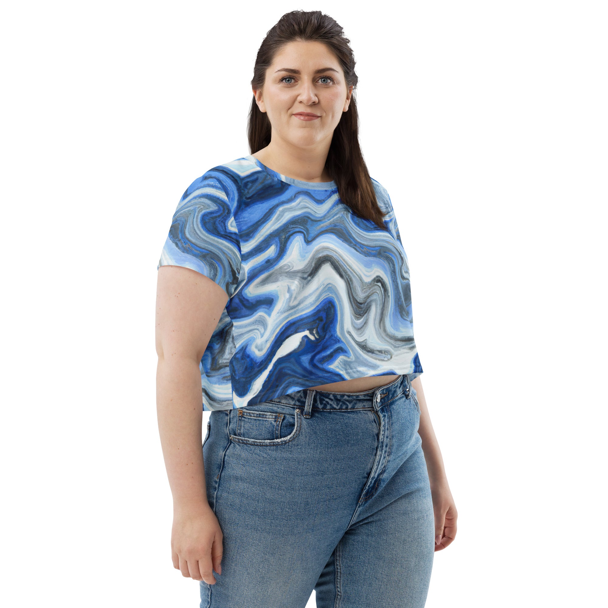 Women's Stretch Fit Crop Tee in Blue Grey Marble Print, showcasing a stylish cropped design with short sleeves and a crew neckline.