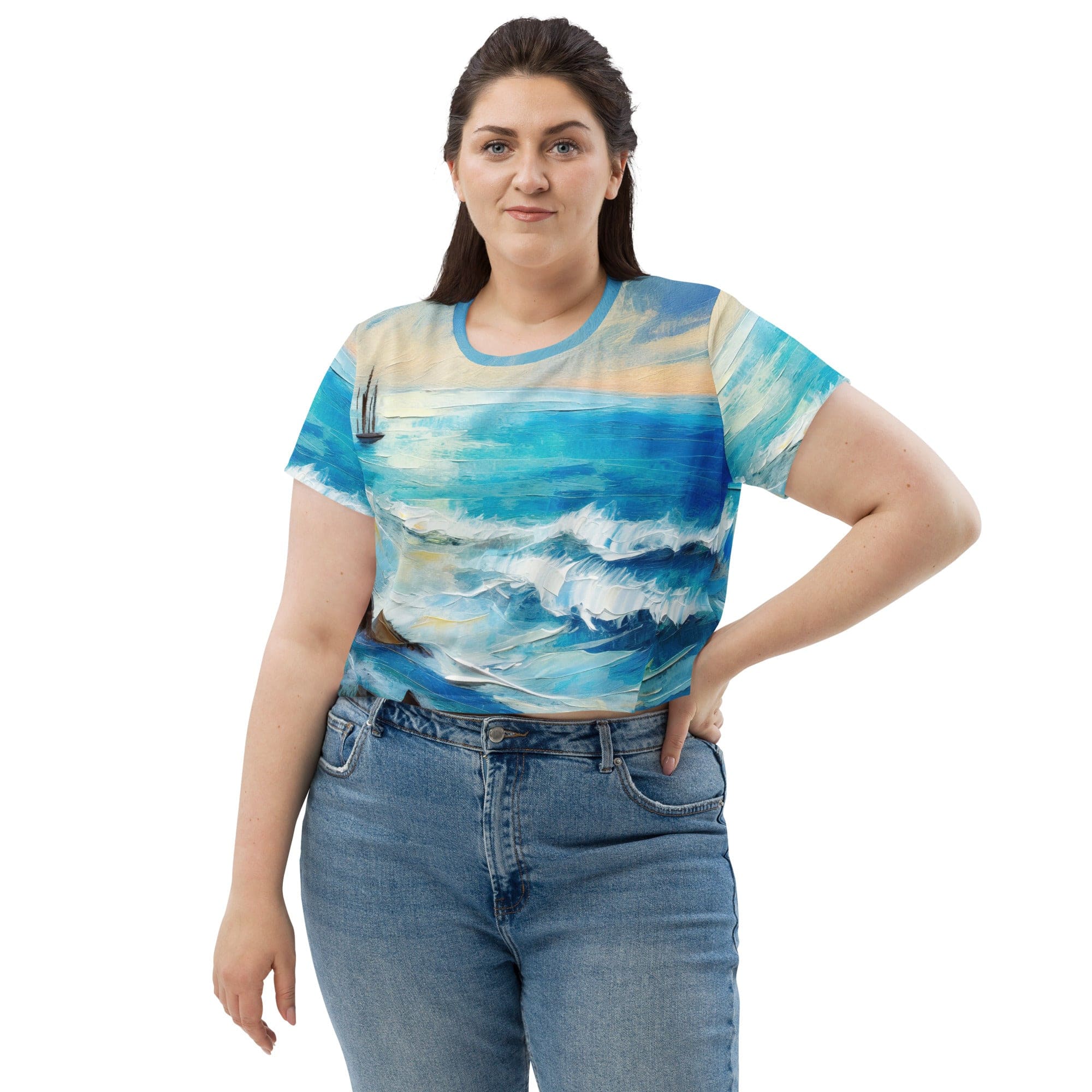 Womens Stretch Fit Crop Tee in Blue Ocean Print, showcasing a stylish cropped design with a vibrant ocean-themed pattern.