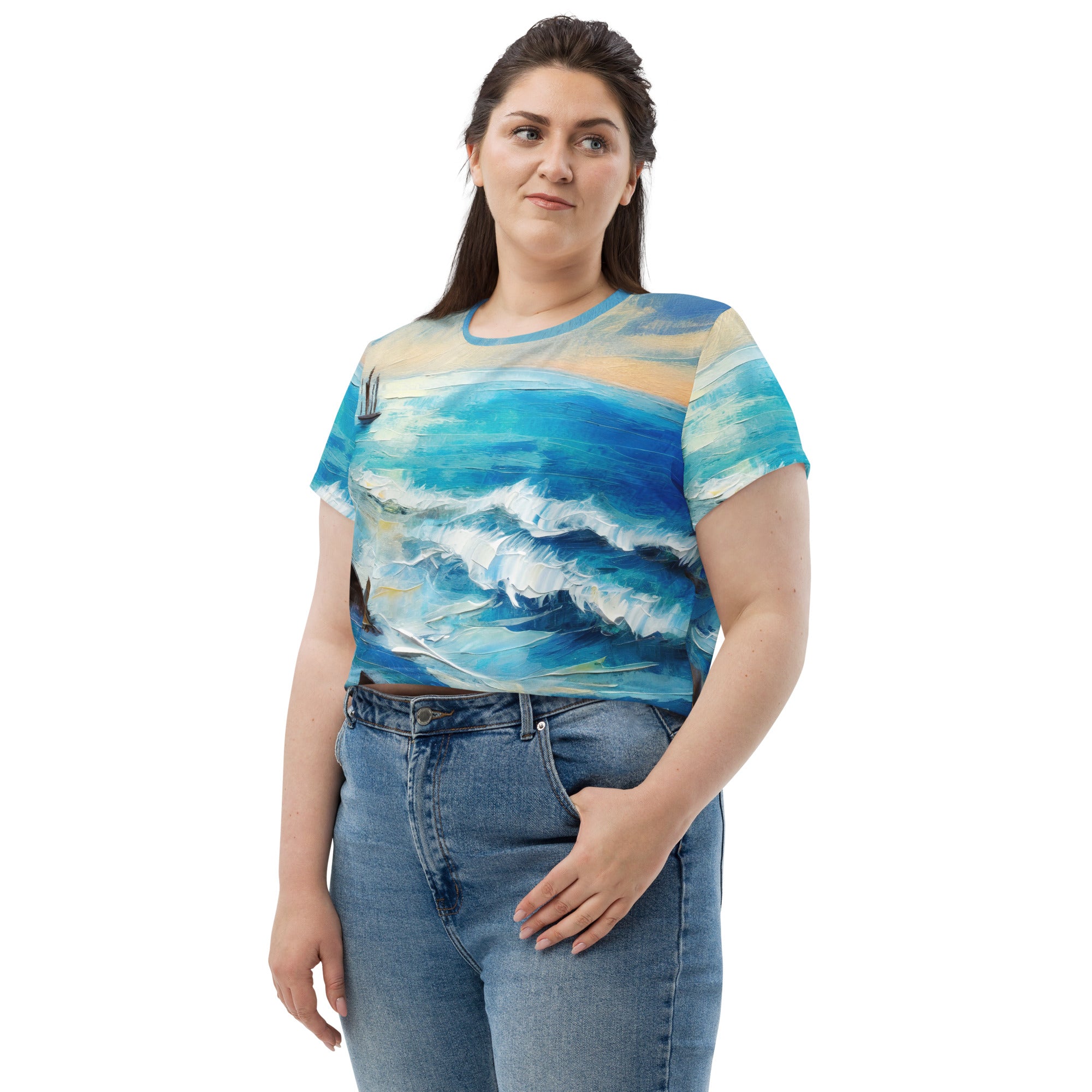 Womens Stretch Fit Crop Tee in Blue Ocean Print, showcasing a stylish cropped design with a vibrant ocean-themed pattern.