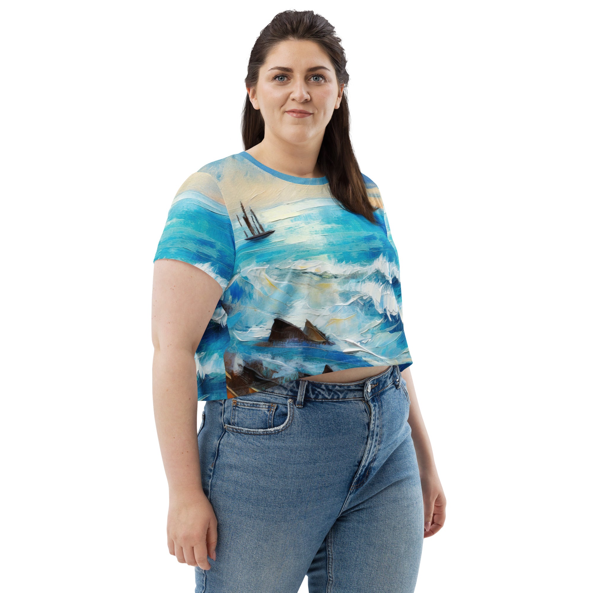 Womens Stretch Fit Crop Tee in Blue Ocean Print, showcasing a stylish cropped design with a vibrant ocean-themed pattern.