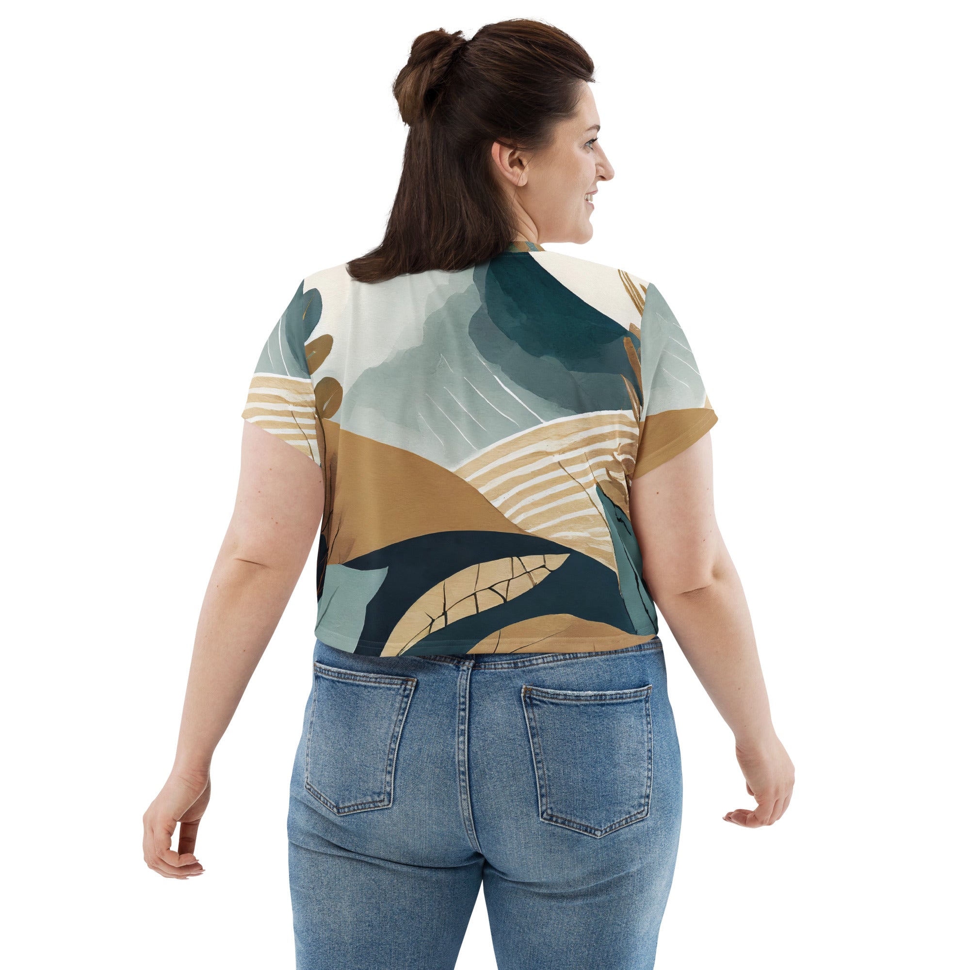 Womens Stretch Fit Crop Tee in Boho Style Print, showcasing a chic cropped design with short sleeves and a comfortable fit.