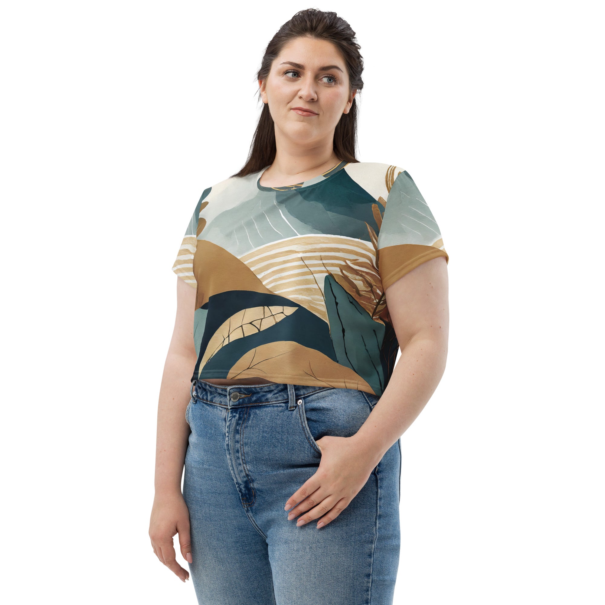 Womens Stretch Fit Crop Tee in Boho Style Print, showcasing a chic cropped design with short sleeves and a comfortable fit.