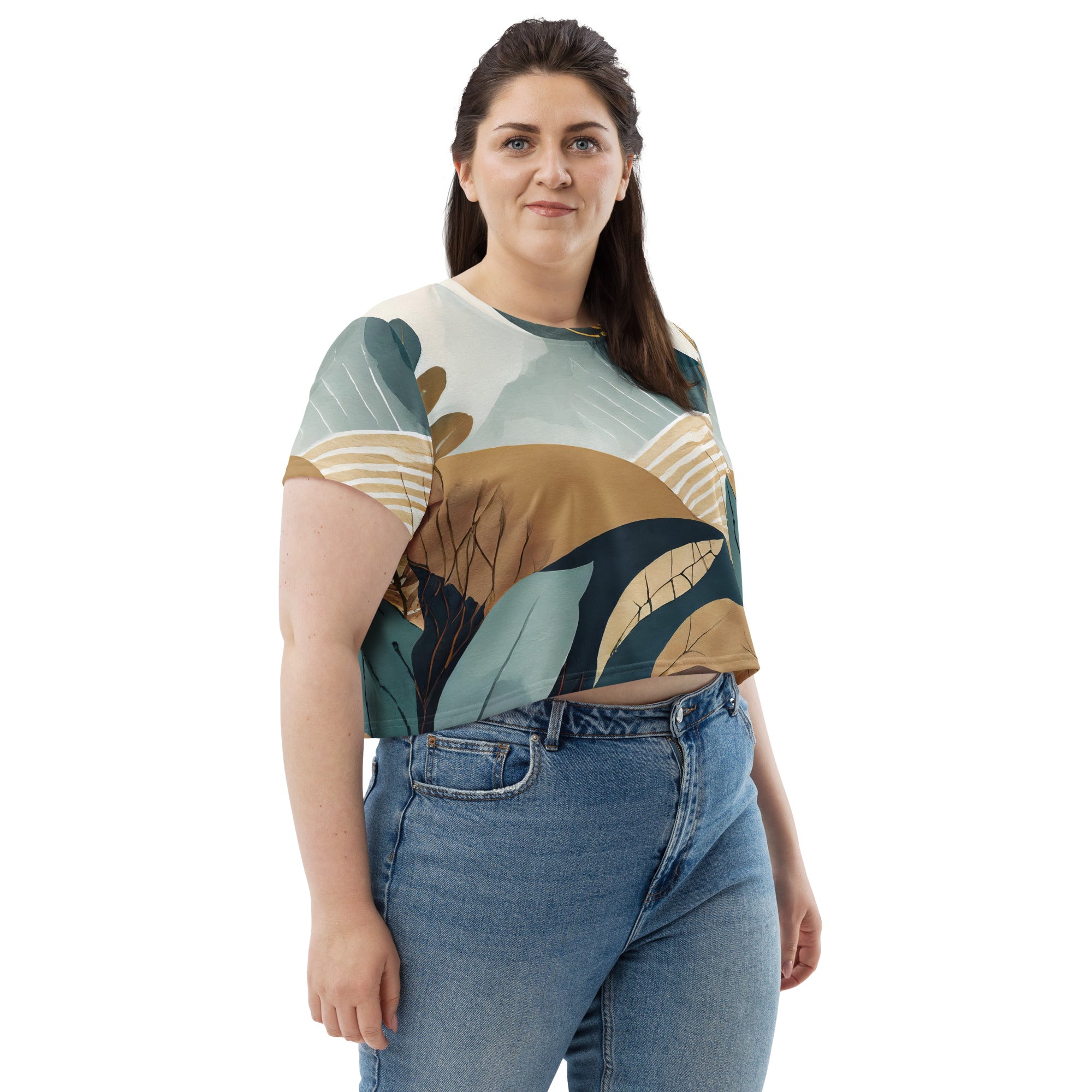 Womens Stretch Fit Crop Tee in Boho Style Print, showcasing a chic cropped design with short sleeves and a comfortable fit.