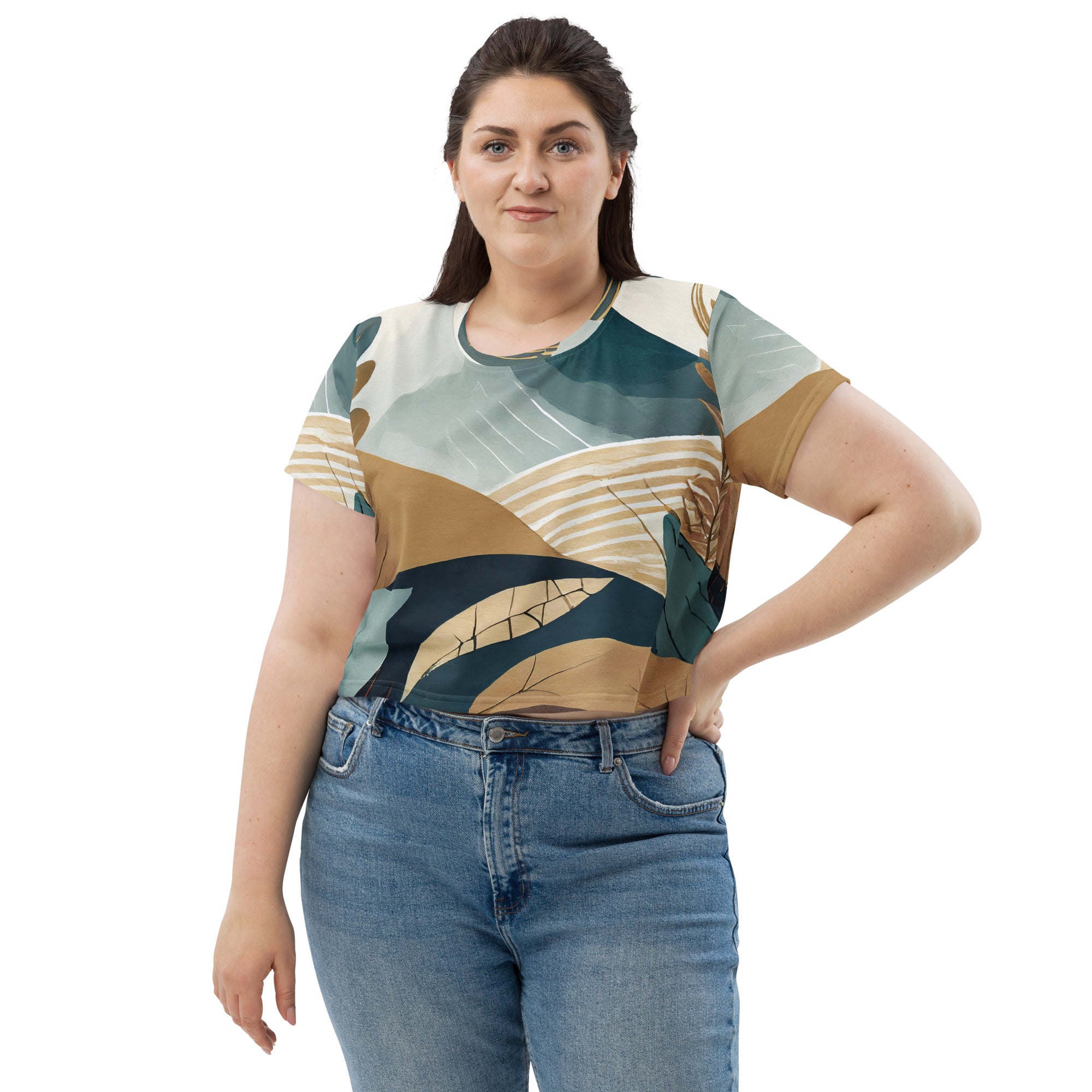 Womens Stretch Fit Crop Tee in Boho Style Print, showcasing a chic cropped design with short sleeves and a comfortable fit.