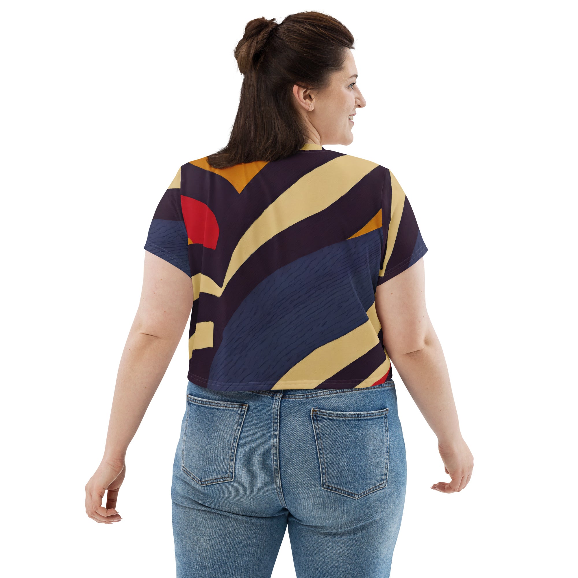 Women's Stretch Fit Crop Tee in Brown Red Blue Colorblock, showcasing a stylish cropped design with short sleeves and a crew neckline.