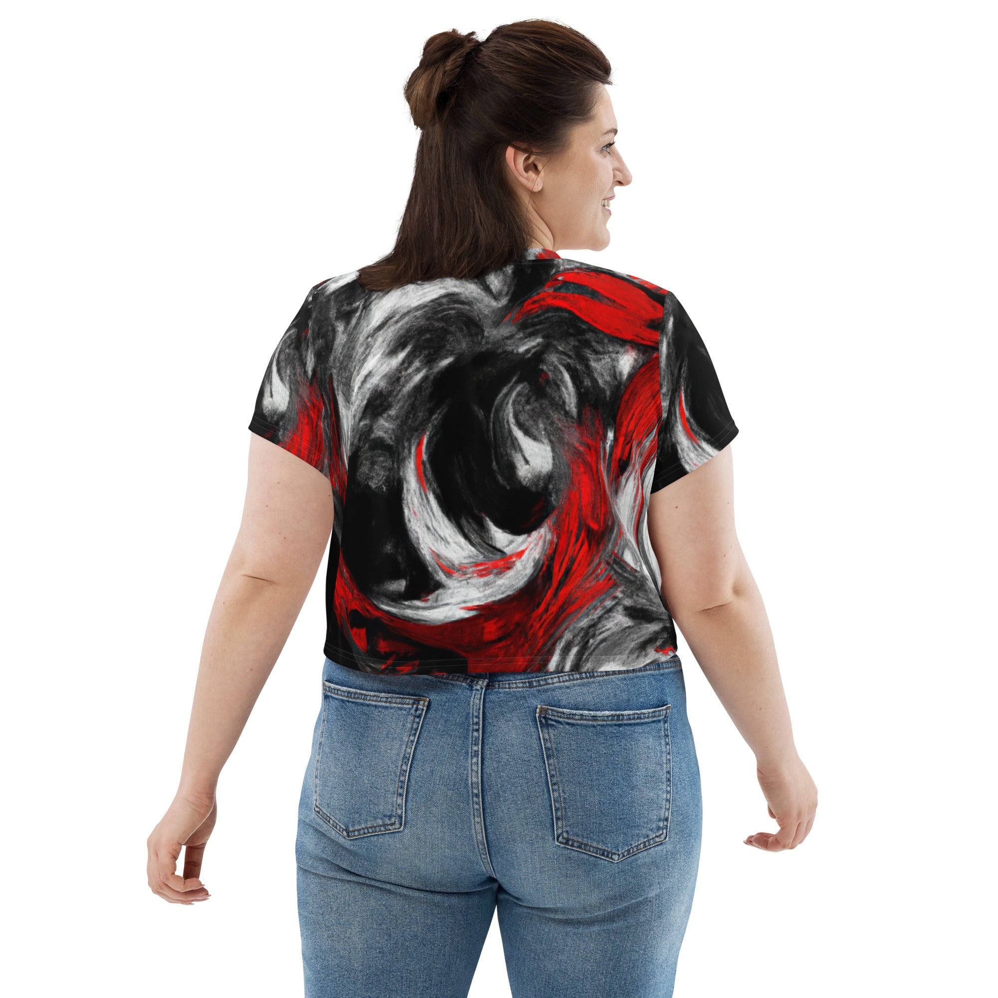 Women's Stretch Fit Crop Tee in black, red, and white with an abstract seamless pattern, showcasing a trendy cropped design and short sleeves.