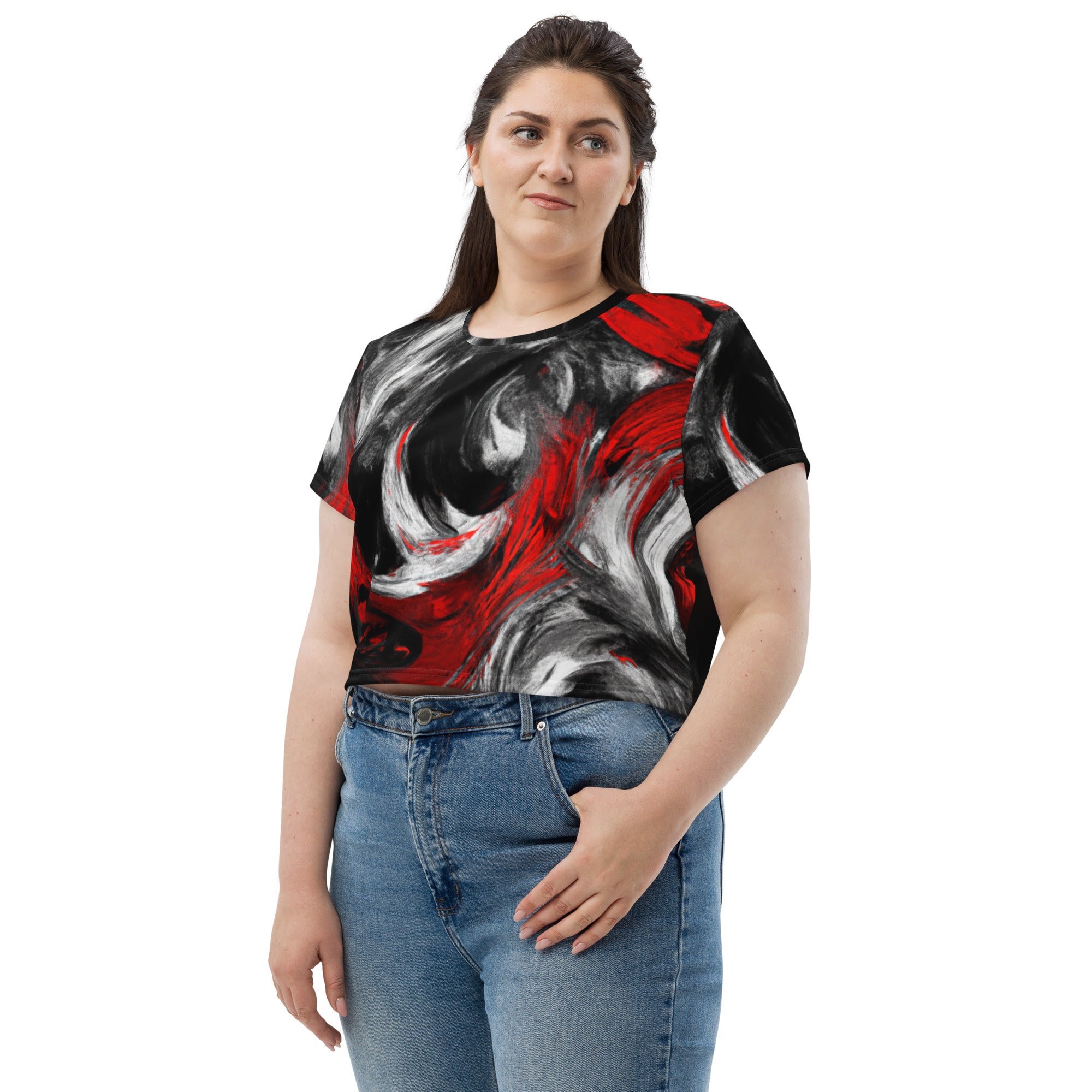 Women's Stretch Fit Crop Tee in black, red, and white with an abstract seamless pattern, showcasing a trendy cropped design and short sleeves.