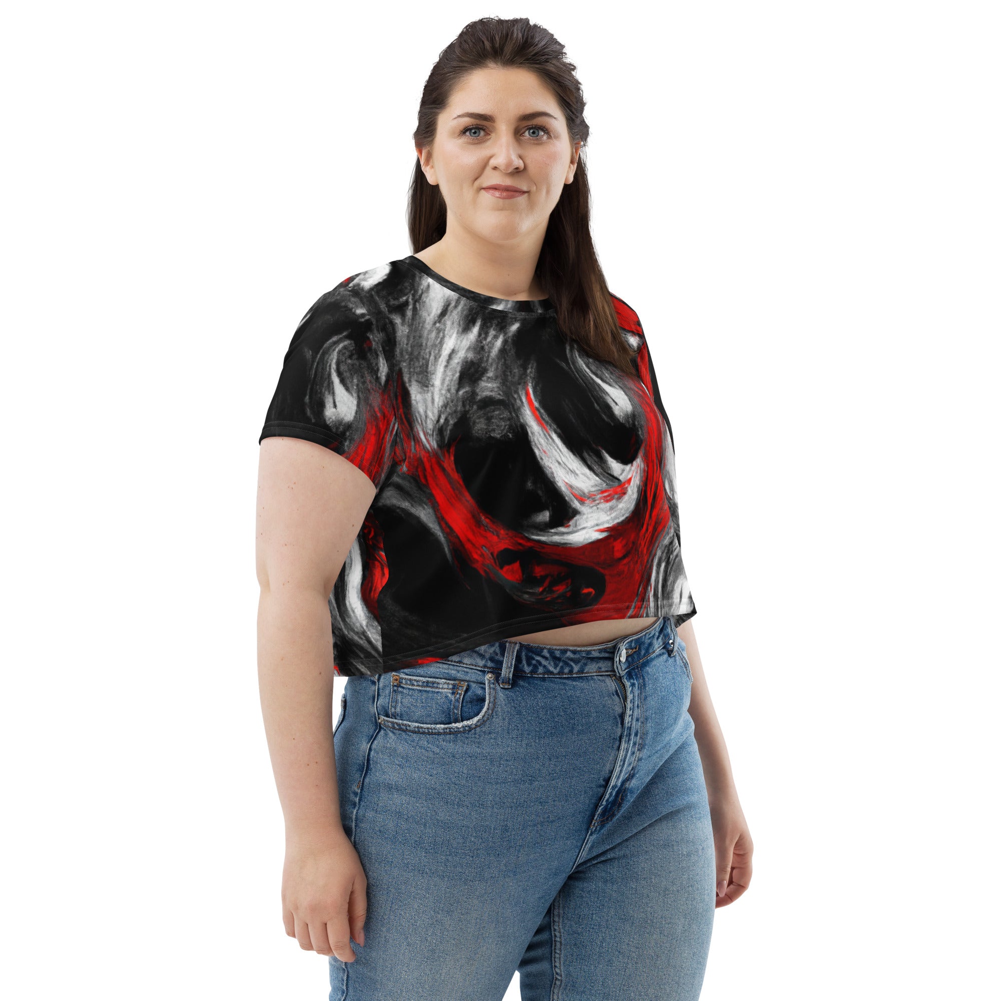 Women's Stretch Fit Crop Tee in black, red, and white with an abstract seamless pattern, showcasing a trendy cropped design and short sleeves.