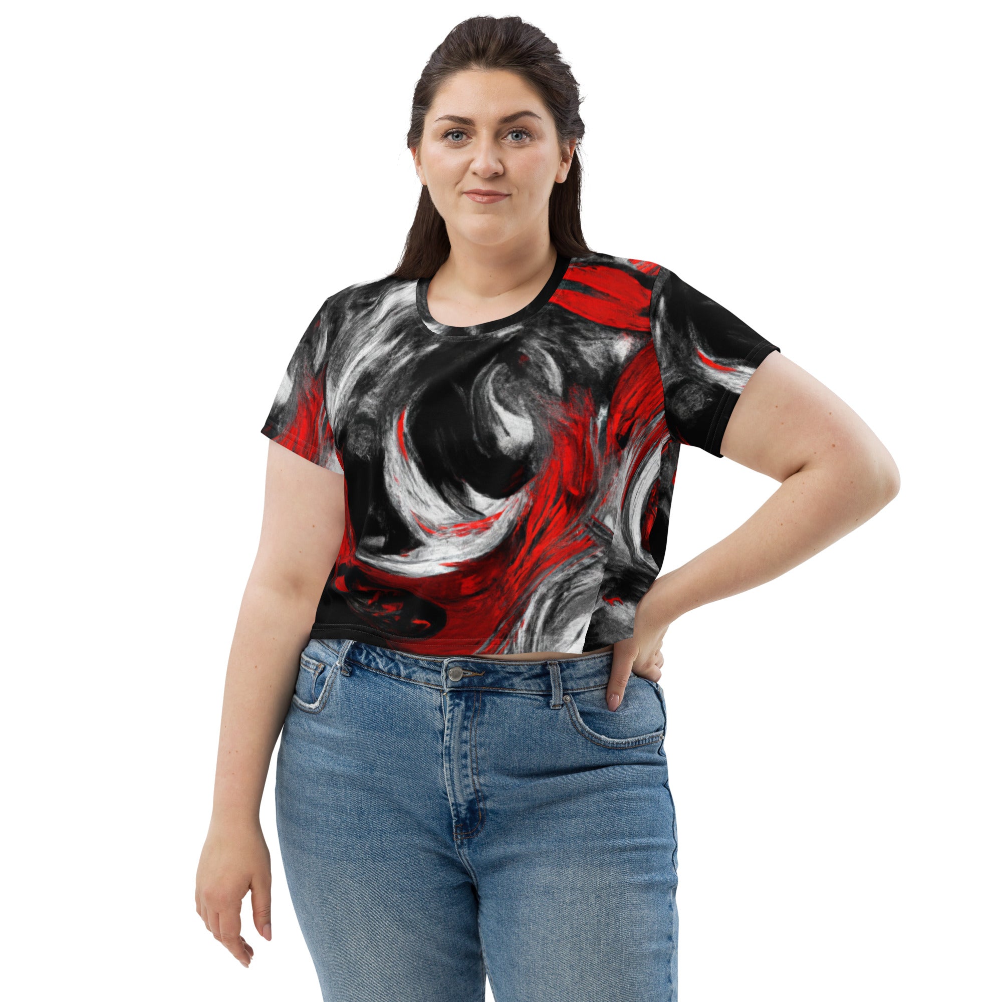 Women's Stretch Fit Crop Tee in black, red, and white with an abstract seamless pattern, showcasing a trendy cropped design and short sleeves.