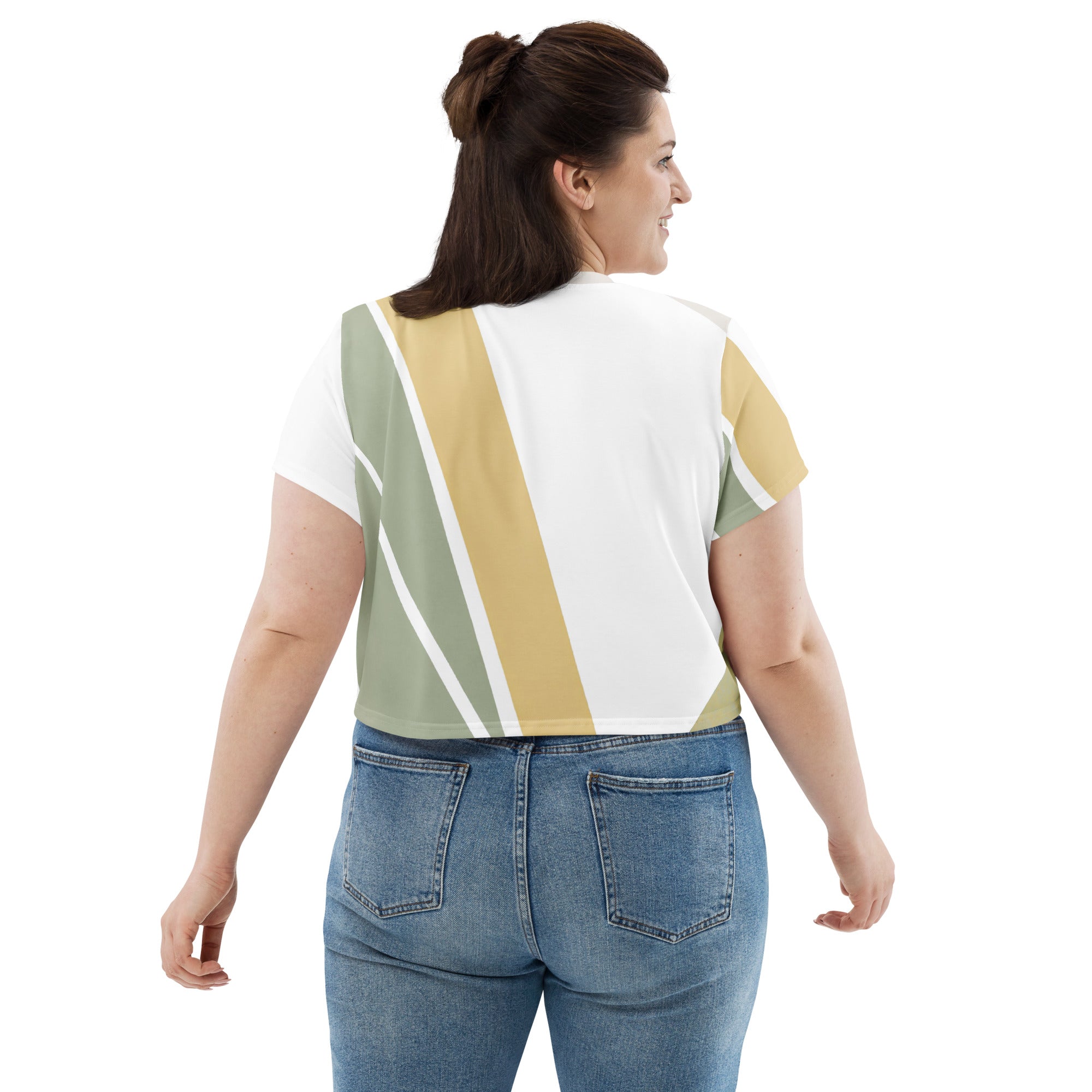 Women's Stretch Fit Crop Tee in Green Abstract Geometric pattern, showcasing a stylish cropped design with short sleeves.