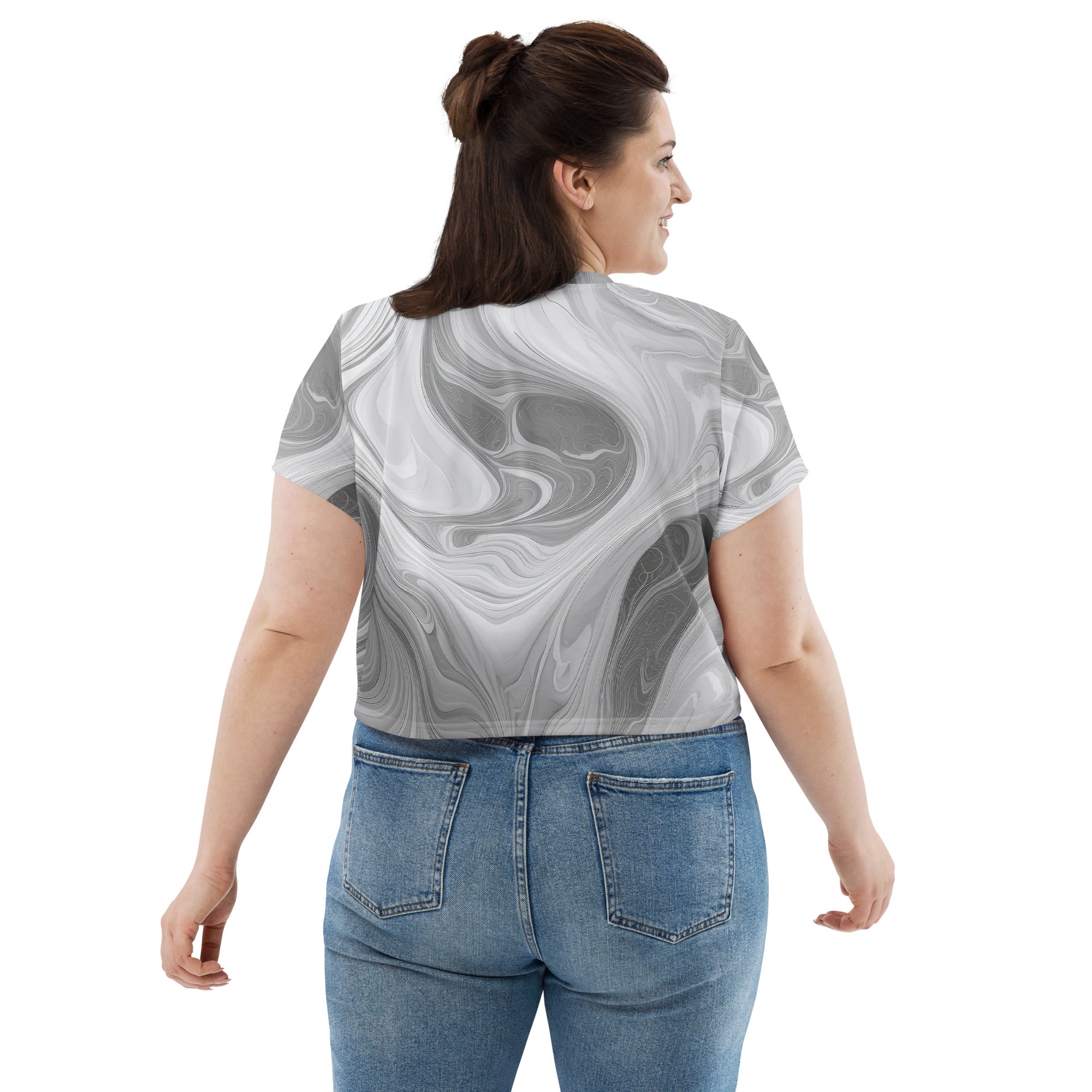 Womens Stretch Fit Crop Tee in Grey White Boho Marble pattern, showcasing its stylish design and comfortable fit.