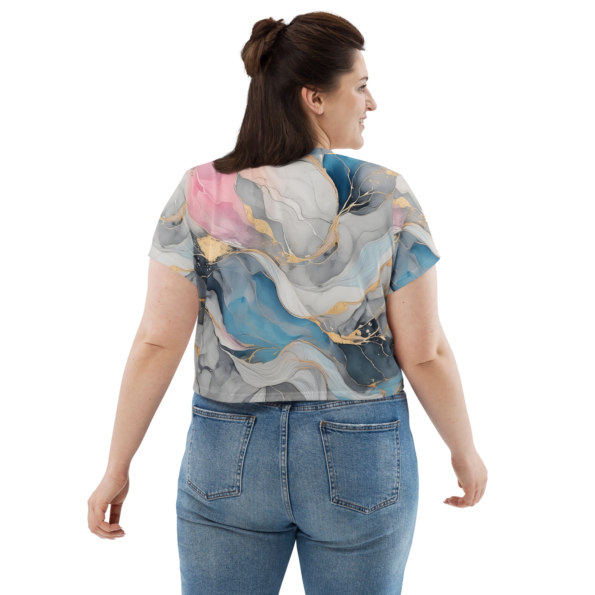 Women's Stretch Fit Crop Tee in Marble Cloud of Grey Pink, showcasing a stylish cropped design with short sleeves.