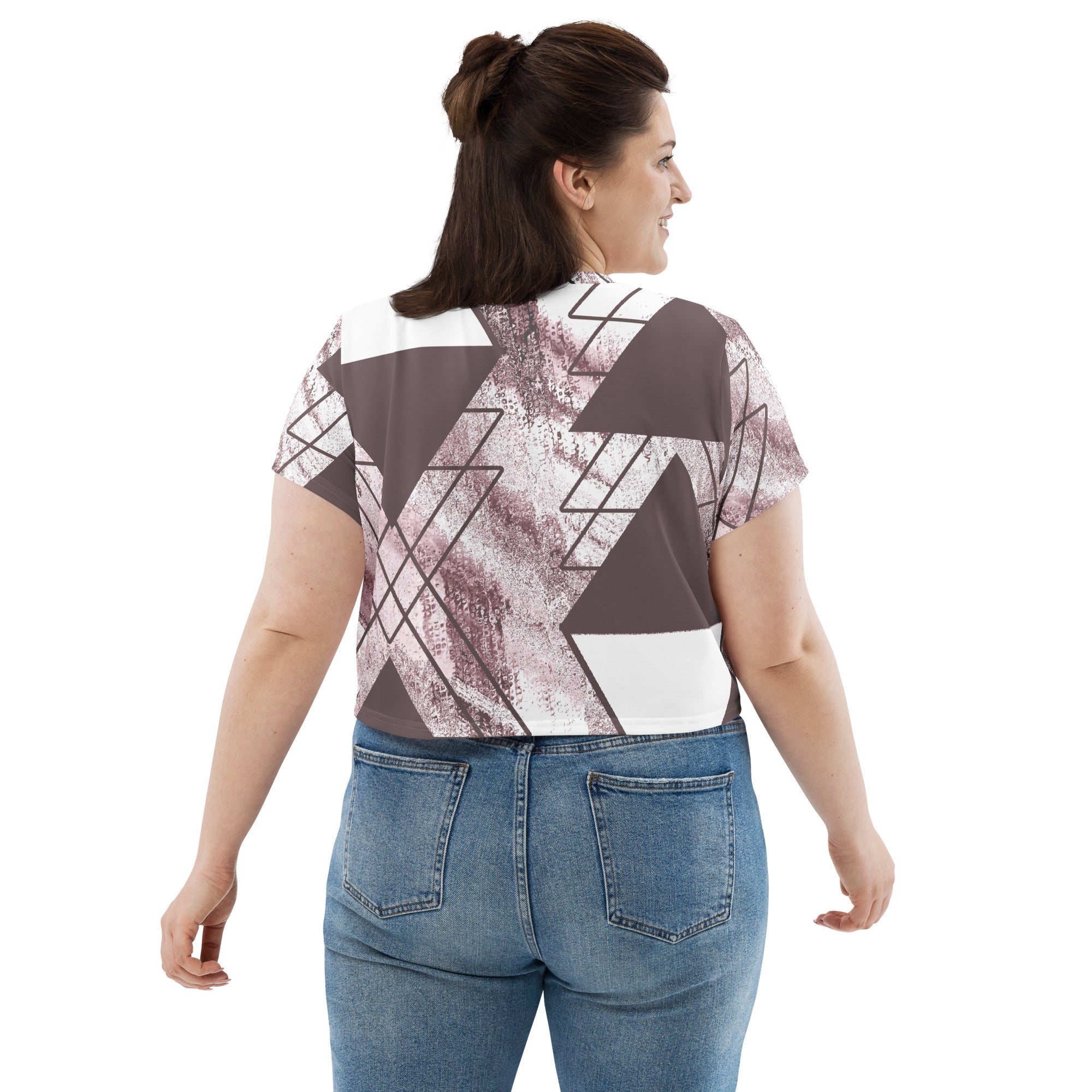 Women's Stretch Fit Crop Tee in Mauve Rose and White colorblock design, featuring a cropped silhouette and short sleeves.