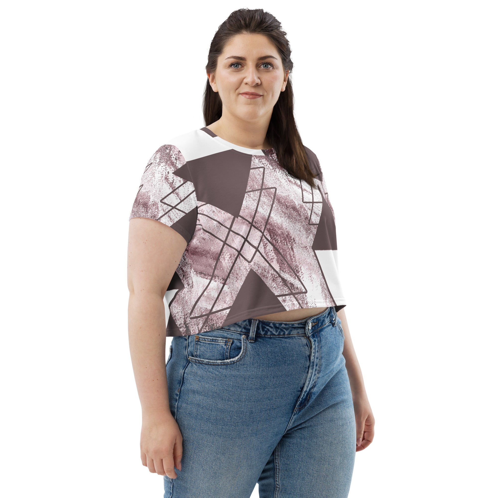 Women's Stretch Fit Crop Tee in Mauve Rose and White colorblock design, featuring a cropped silhouette and short sleeves.