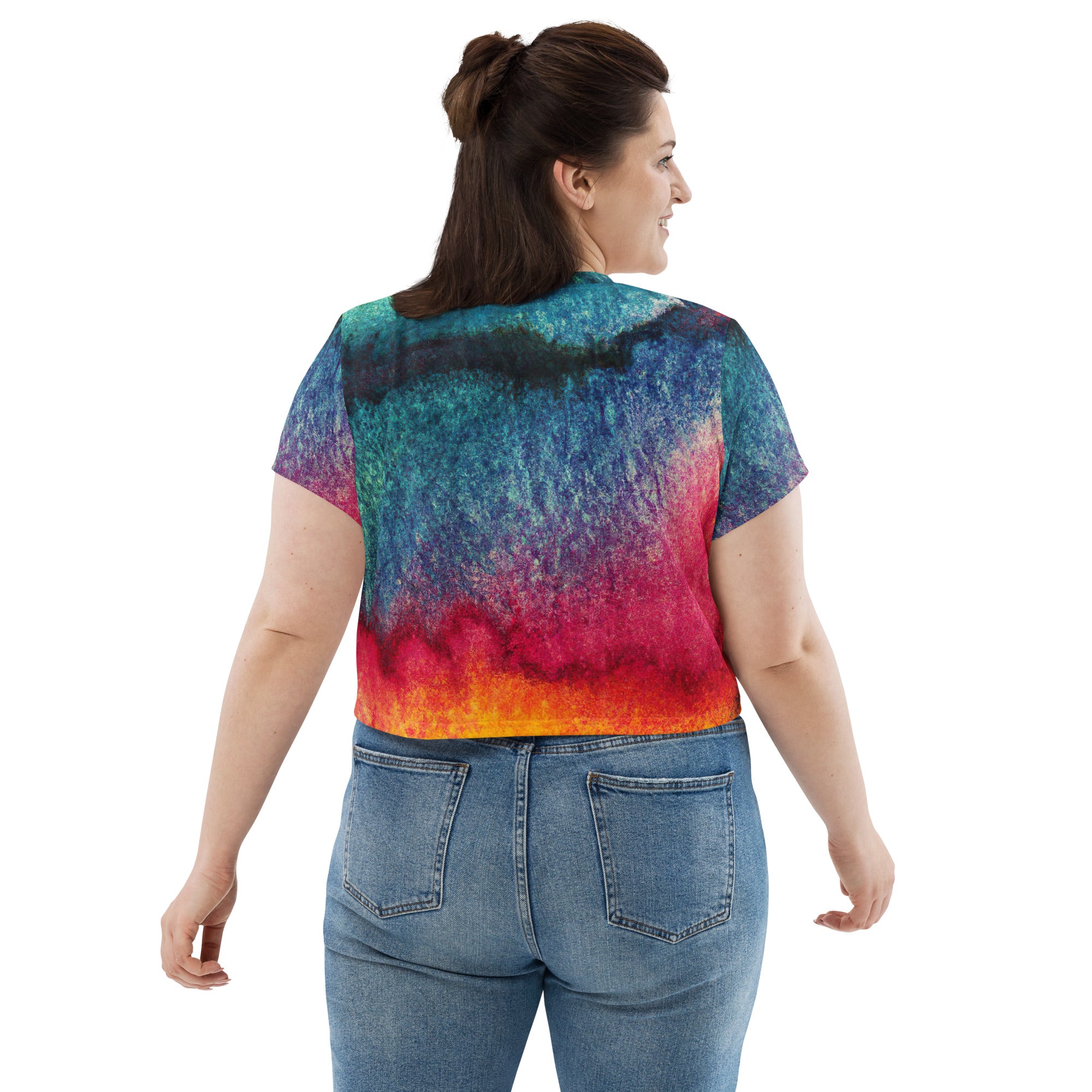 Womens Stretch Fit Crop Tee in multicolor abstract pattern, showcasing its stylish design and comfortable fit.